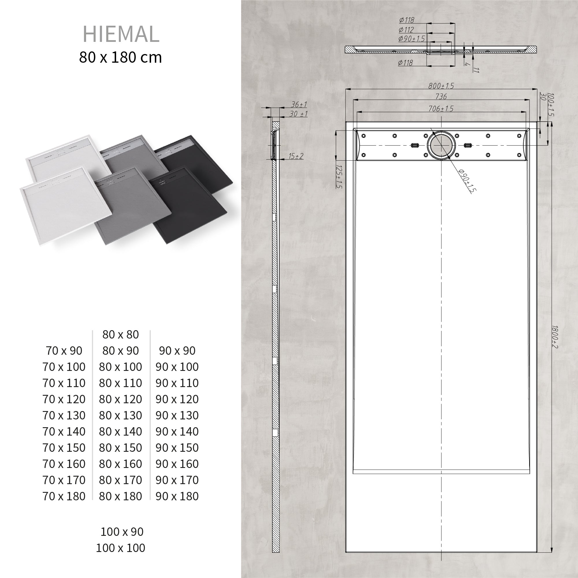 HIEMAL - Base de duche antiderrapante com acabamento preto e grelha inox incluída