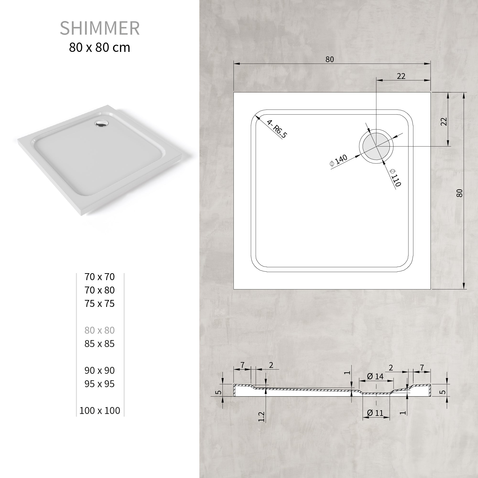 SHIMMER - Piatto doccia acrilico liscio ultrapiatto con finitura bianca e piletta inclusa