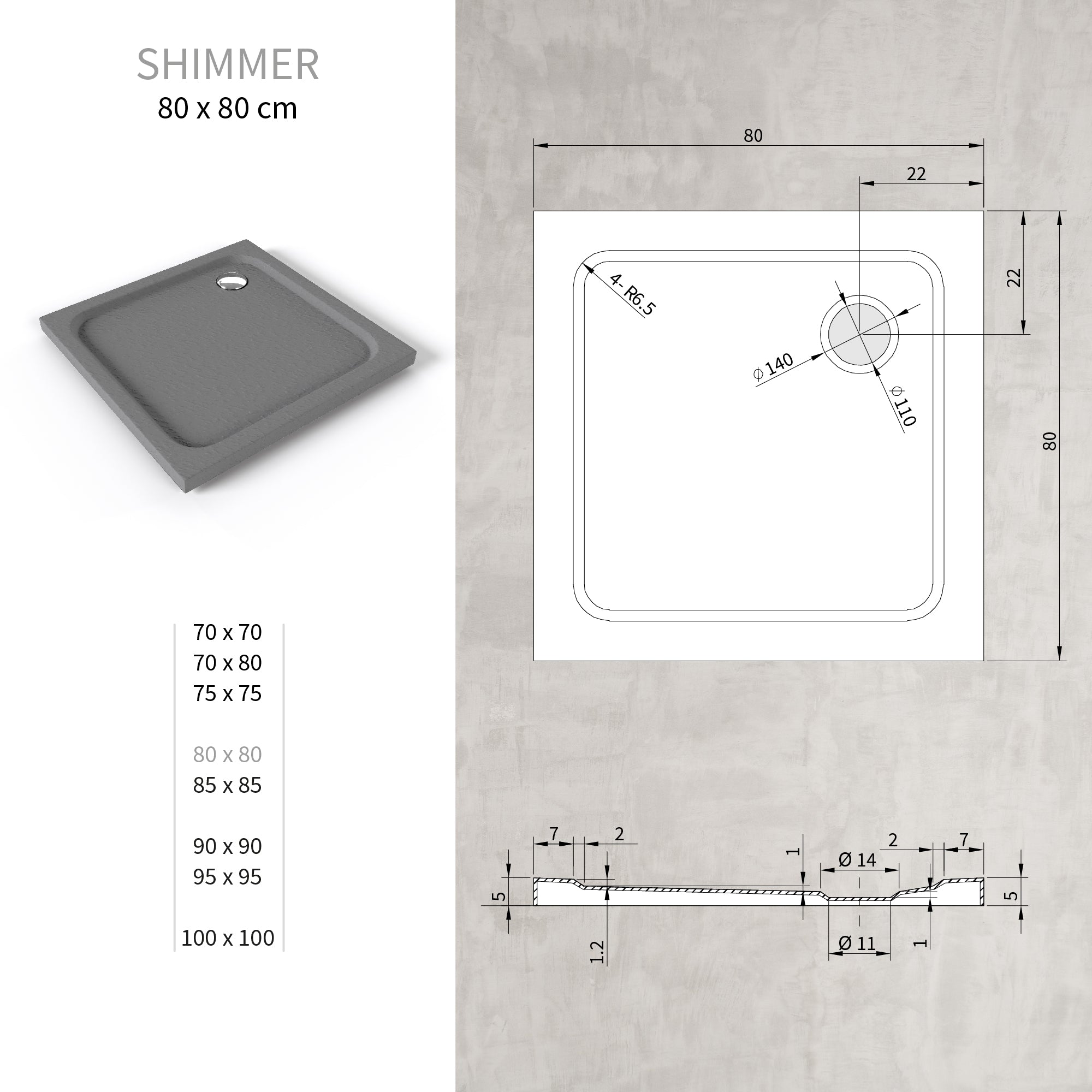 SHIMMER - Base de duche acrílica efeito pedra extraplana com acabamento cinzento e sifão incluído
