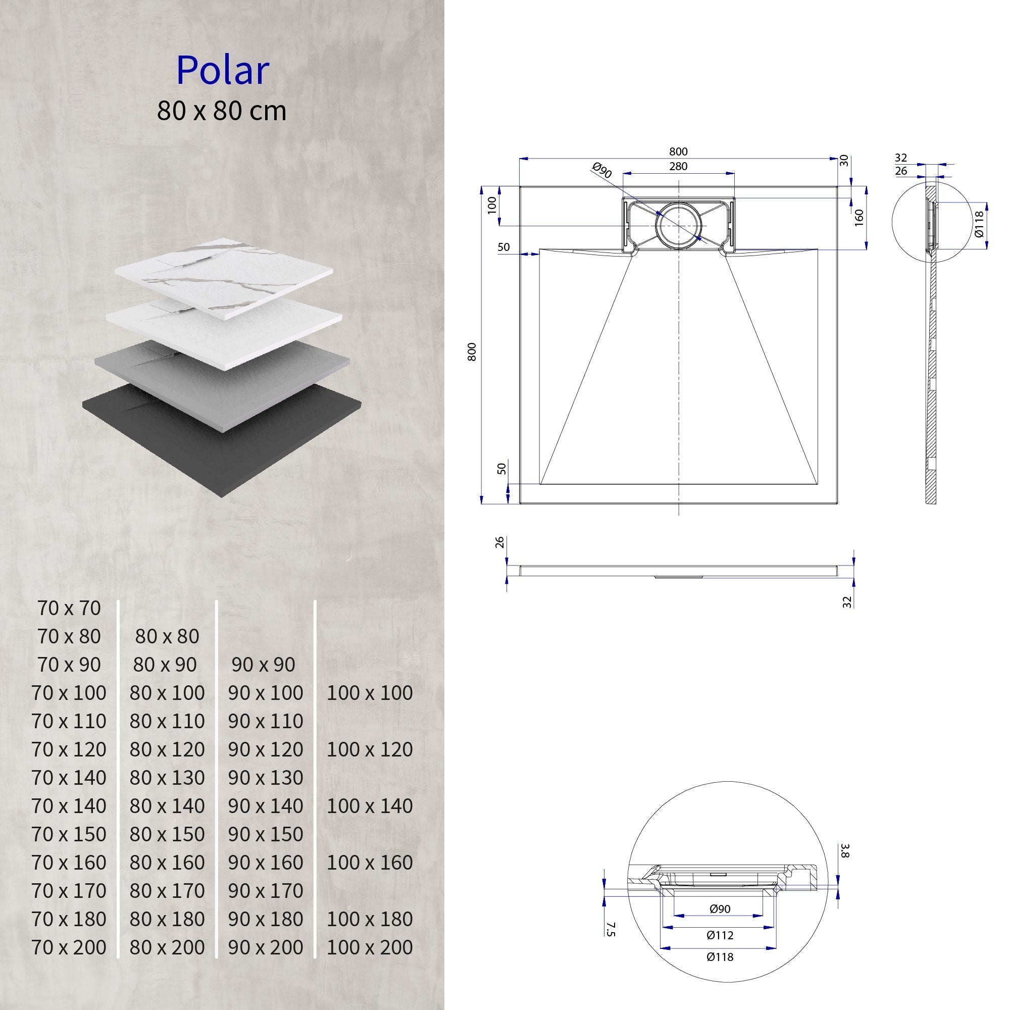 POLAR - Base de duche antiderrapante com acabamento carrara e sifão incluído