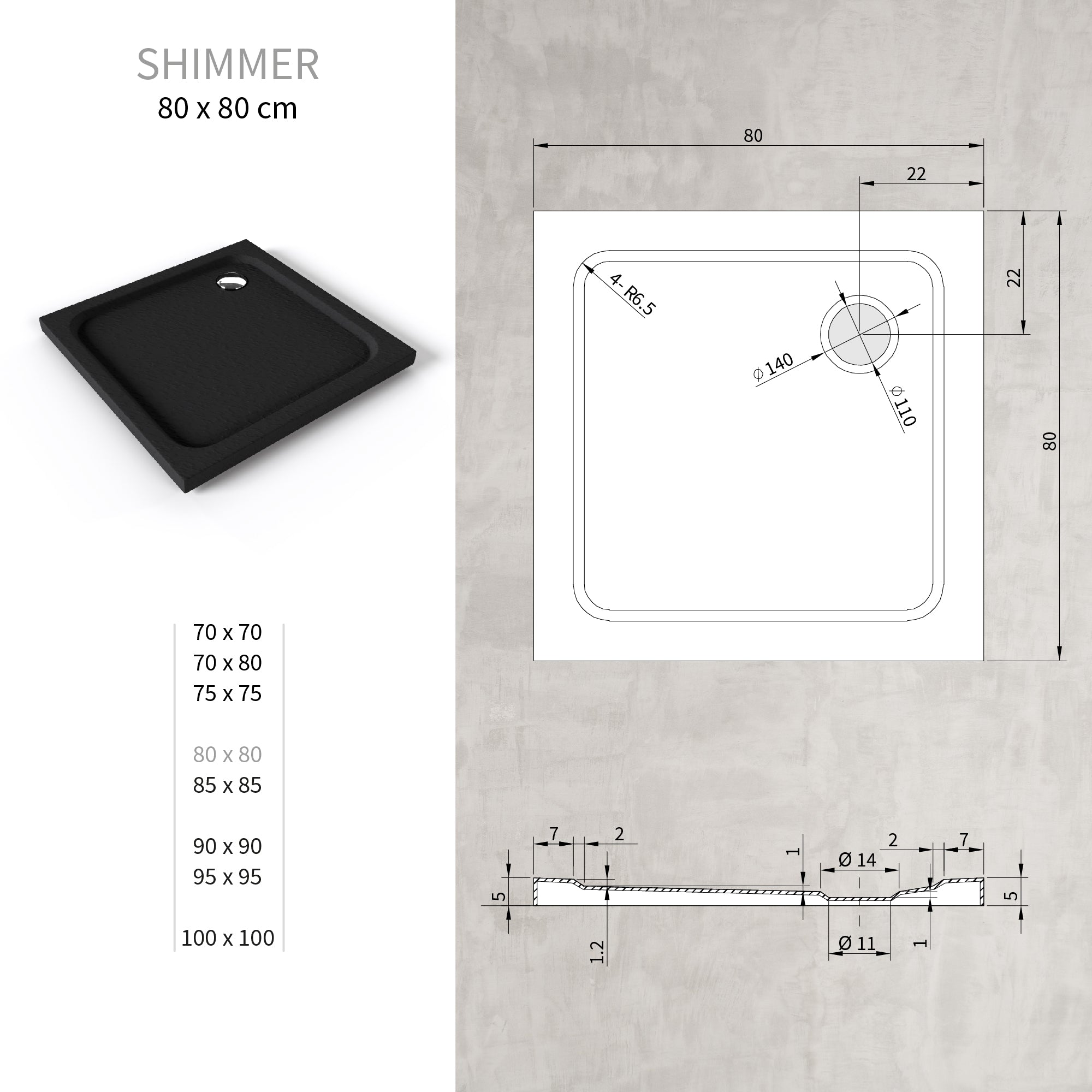 SHIMMER - Base de duche acrílica efeito pedra extraplana com acabamento preto e sifão incluído