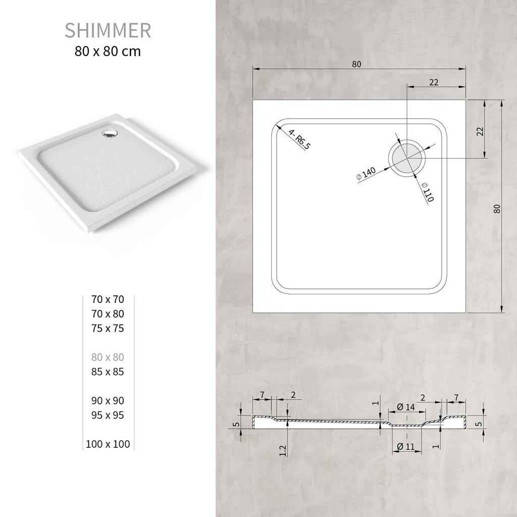 SHIMMER - Base de duche acrílica efeito pedra extraplana com acabamento branco e sifão incluído