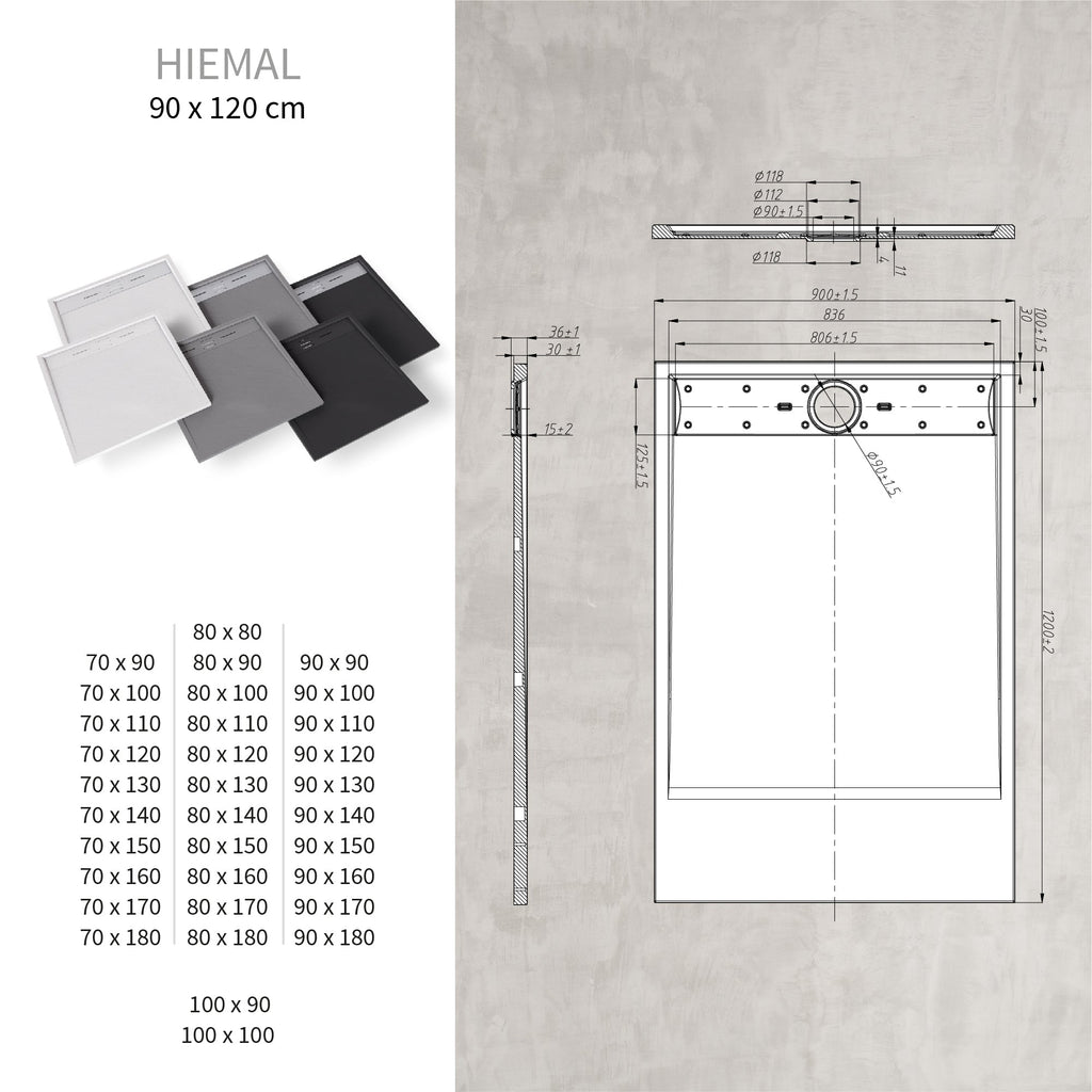 HIEMAL - Base de duche antiderrapante com acabamento cinzento e grelha inox incluída