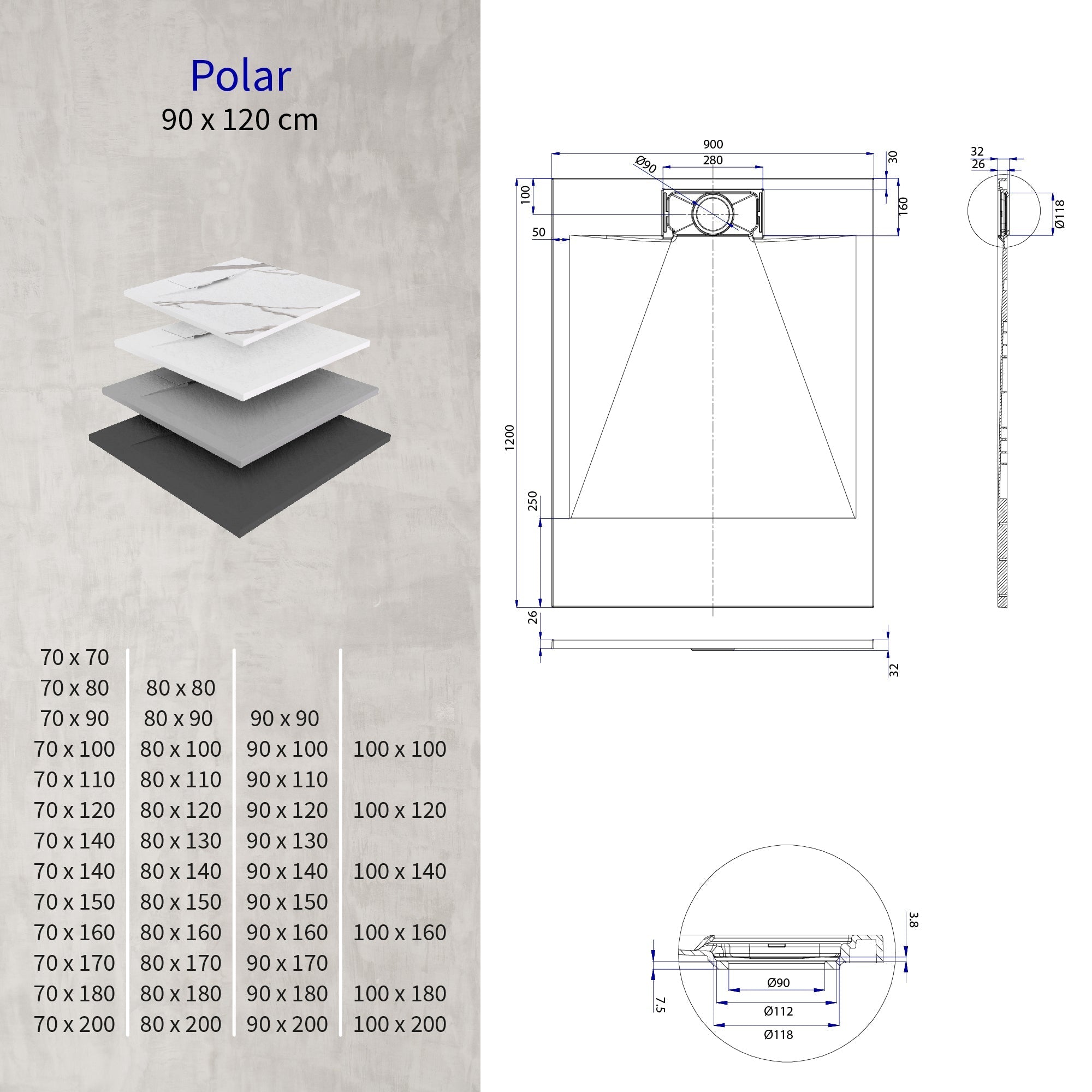 POLAR - Base de duche antiderrapante com acabamento preto e sifão incluído
