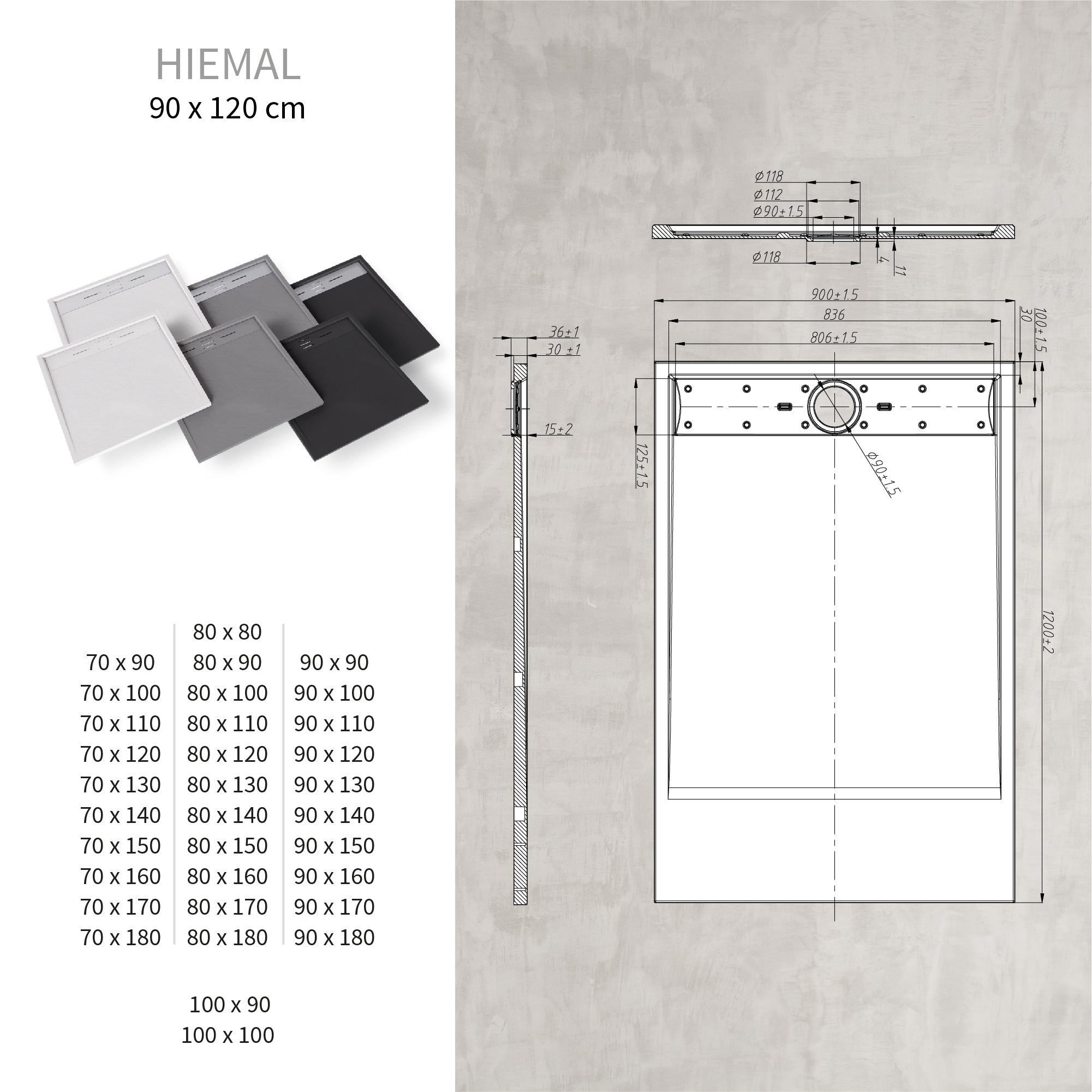 HIEMAL - Base de duche antiderrapante com acabamento preto e grelha inox incluída