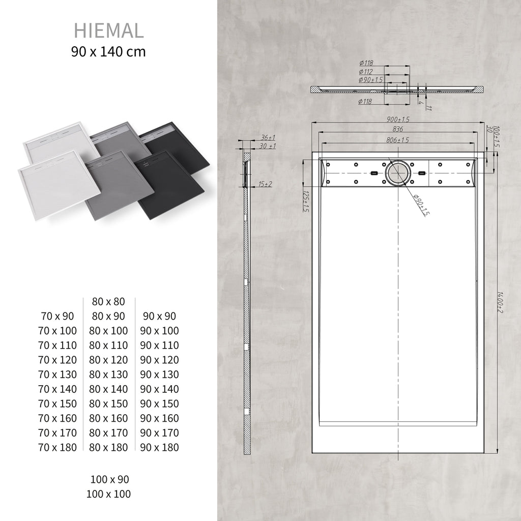 HIEMAL - Base de duche antiderrapante com acabamento preto e grelha inox incluída