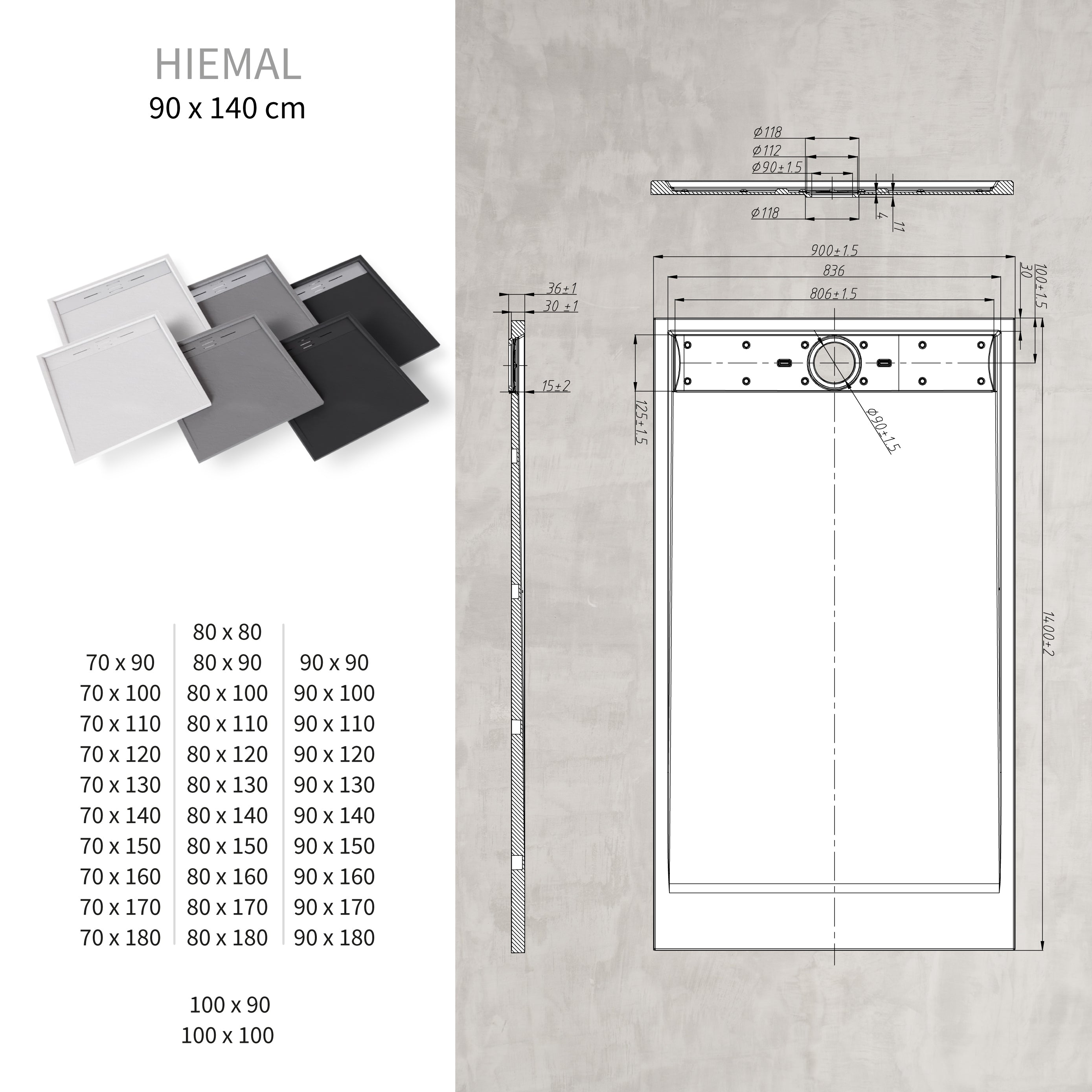 HIEMAL - Base de duche antiderrapante com acabamento preto e grelha inox incluída