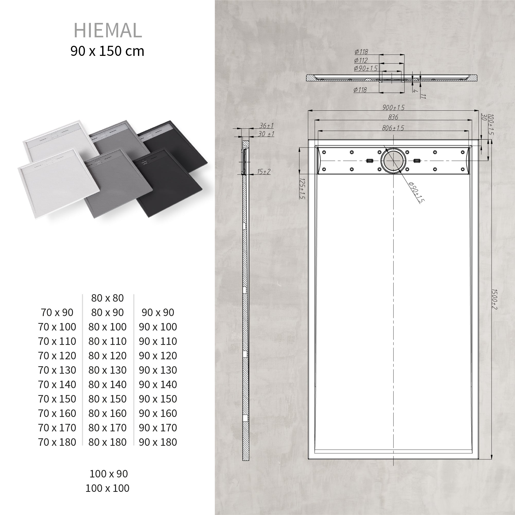 HIEMAL - Base de duche antiderrapante com acabamento preto e grelha inox incluída