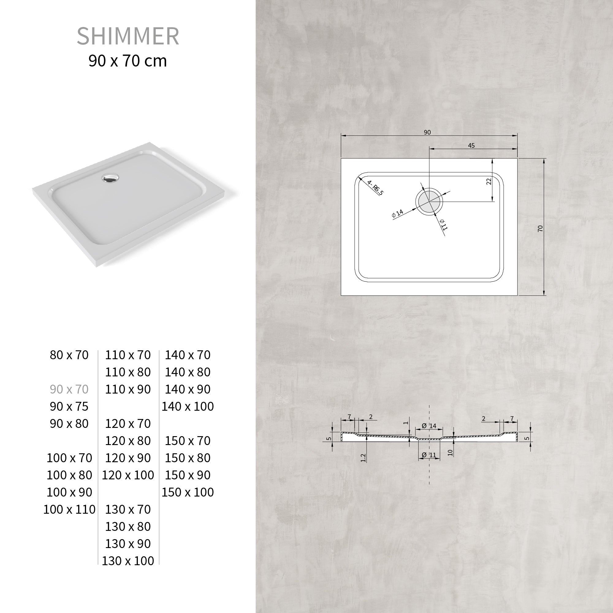 SHIMMER - Base de duche acrílica lisa extraplana com acabamento branco e sifão incluído