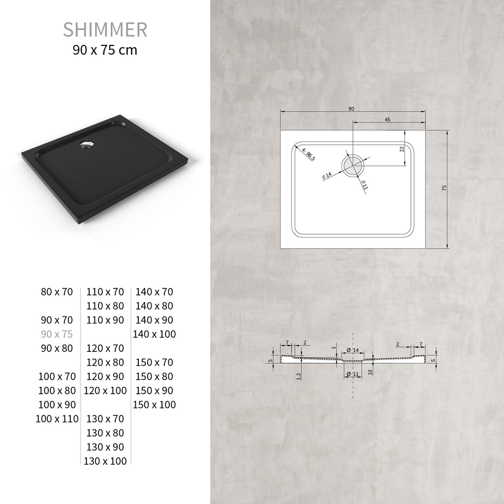 SHIMMER - Piatto doccia acrilico liscio ultrapiatto con finitura nera e piletta inclusa