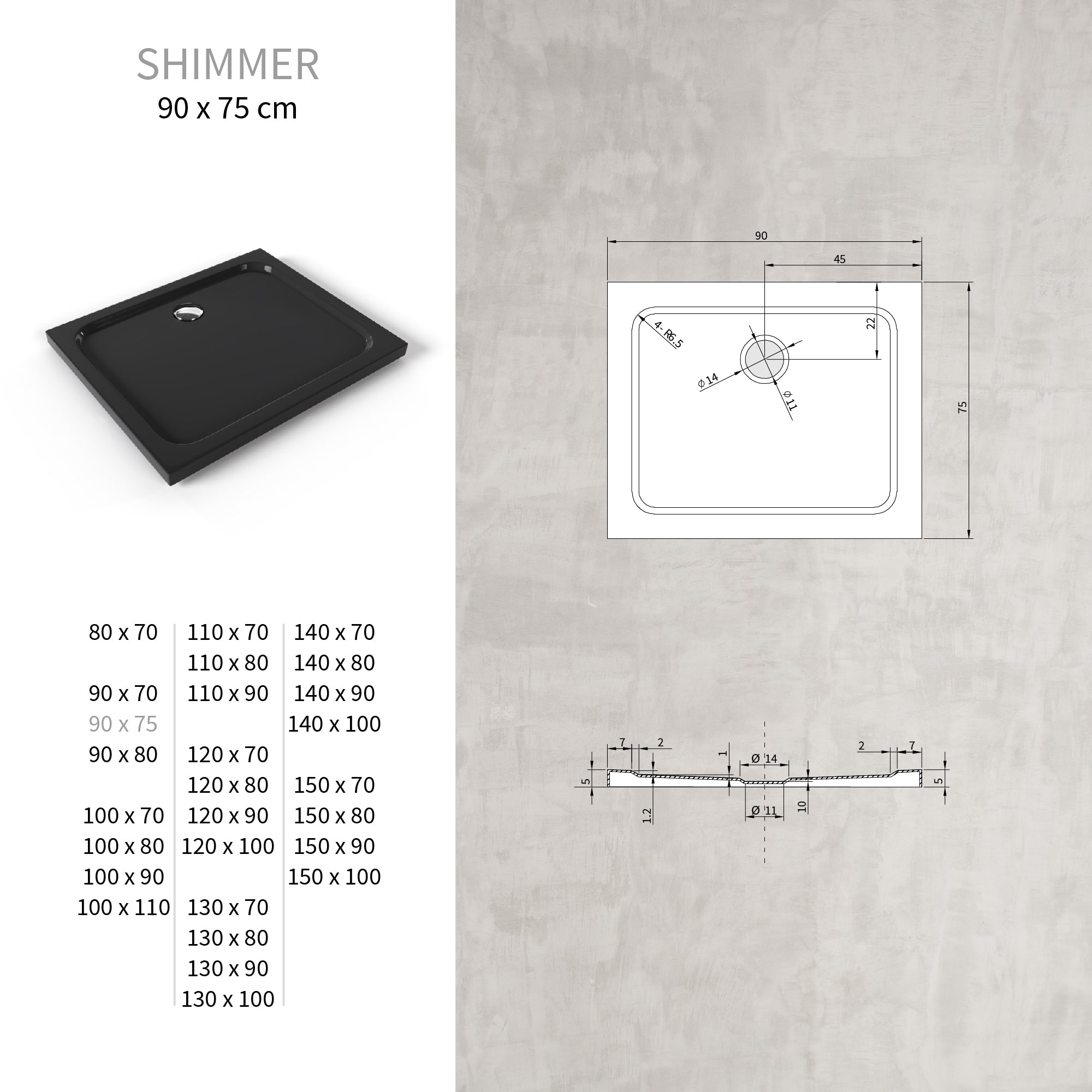 SHIMMER - Base de duche acrílica efeito pedra extraplana com acabamento preto e sifão incluído