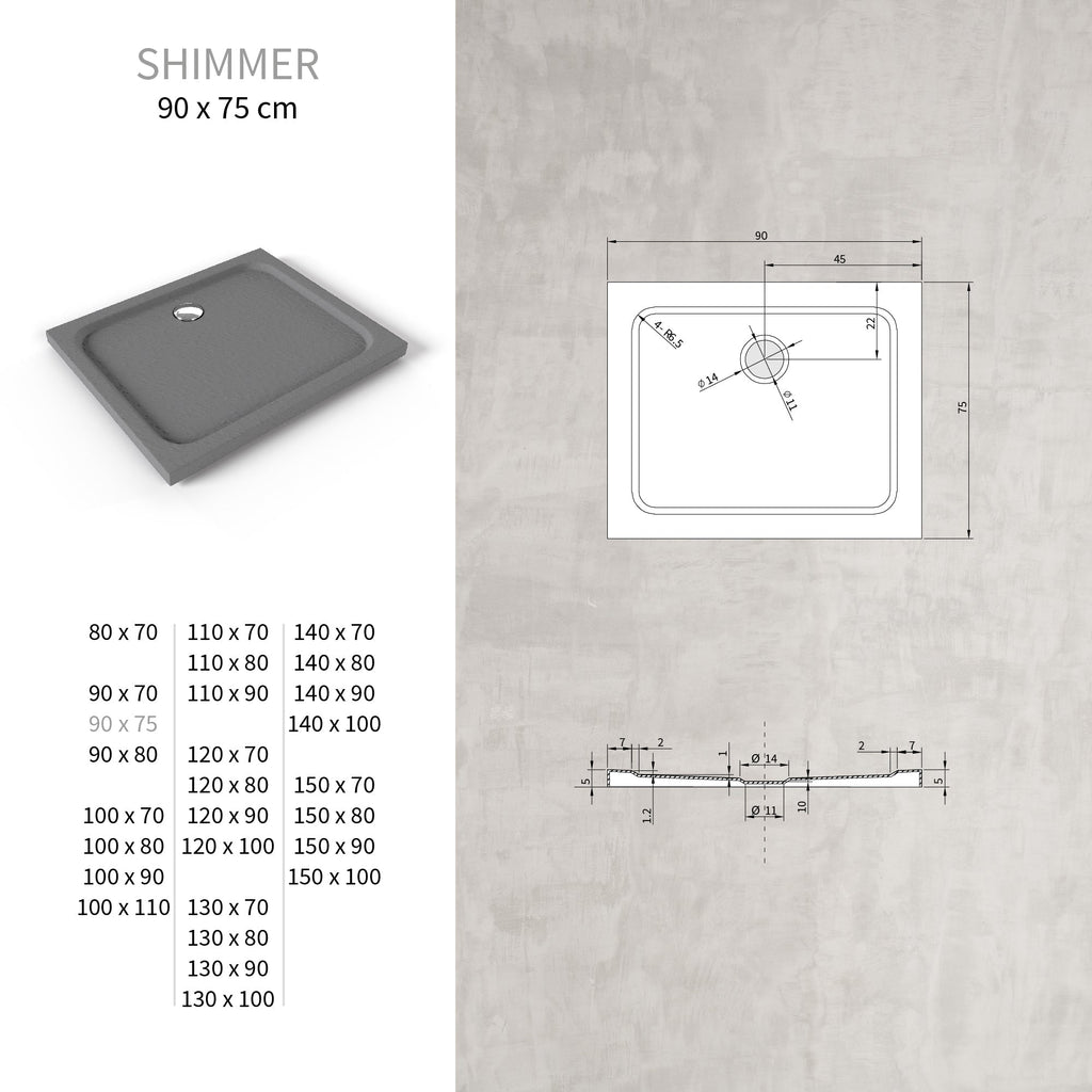 SHIMMER - Plato de ducha acrílico efecto piedra extraplano con acabado gris y sifón incluido