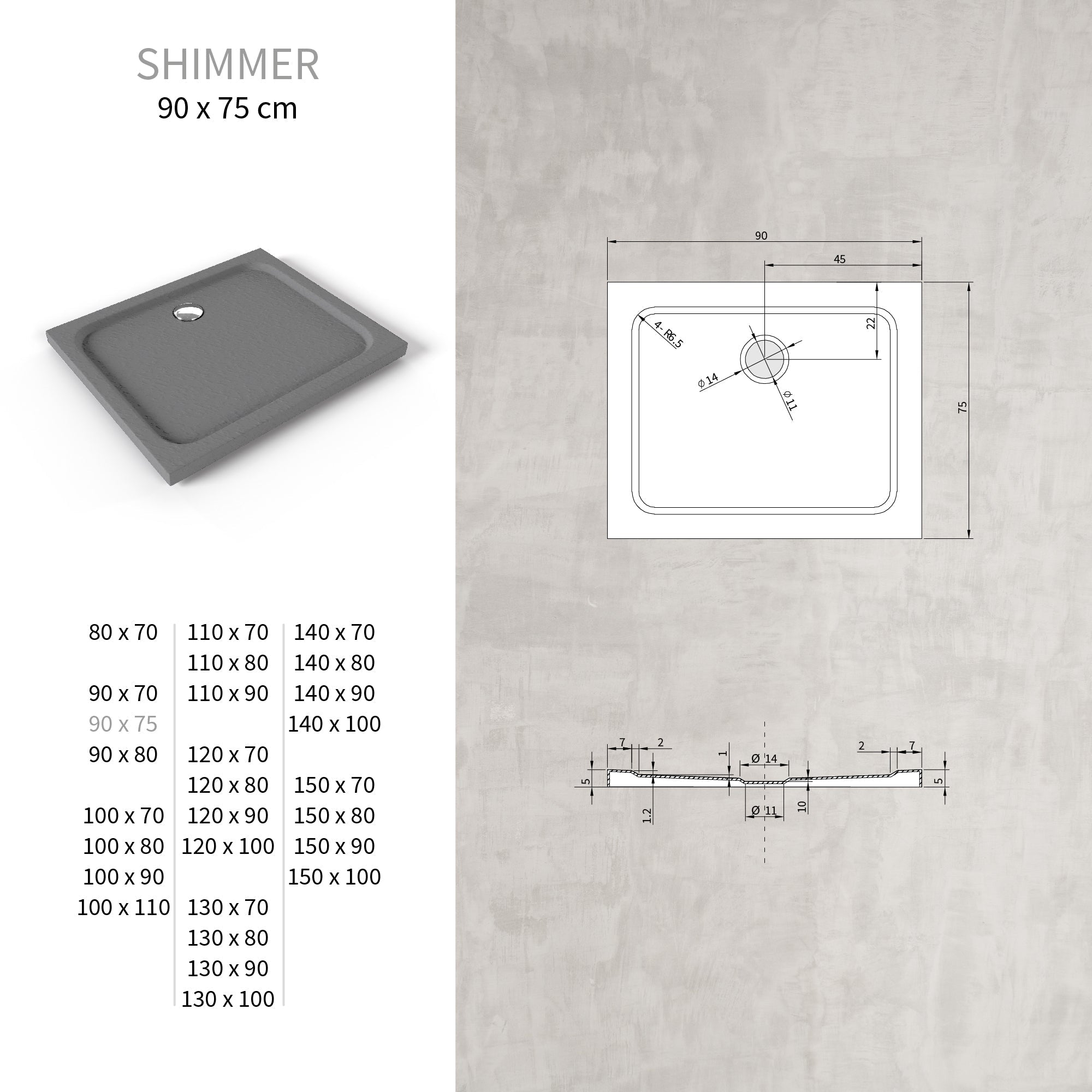 SHIMMER - Base de duche acrílica efeito pedra extraplana com acabamento cinzento e sifão incluído