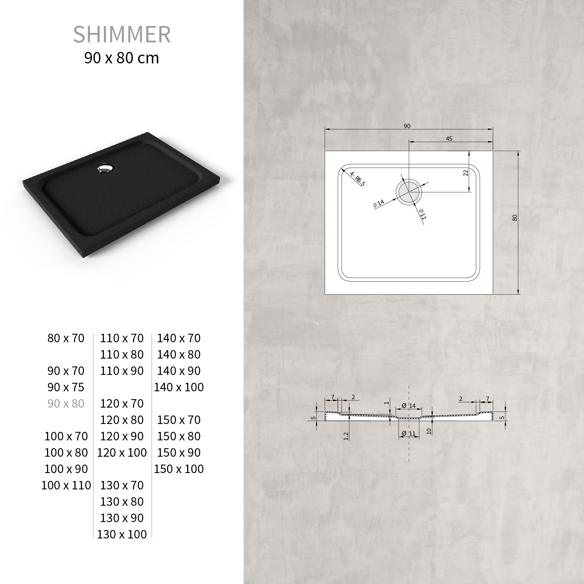 SHIMMER - Base de duche acrílica efeito pedra extraplana com acabamento preto e sifão incluído
