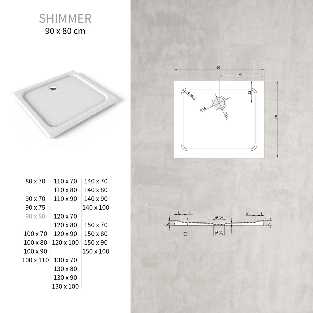 SHIMMER - Base de duche acrílica efeito pedra extraplana com acabamento branco e sifão incluído