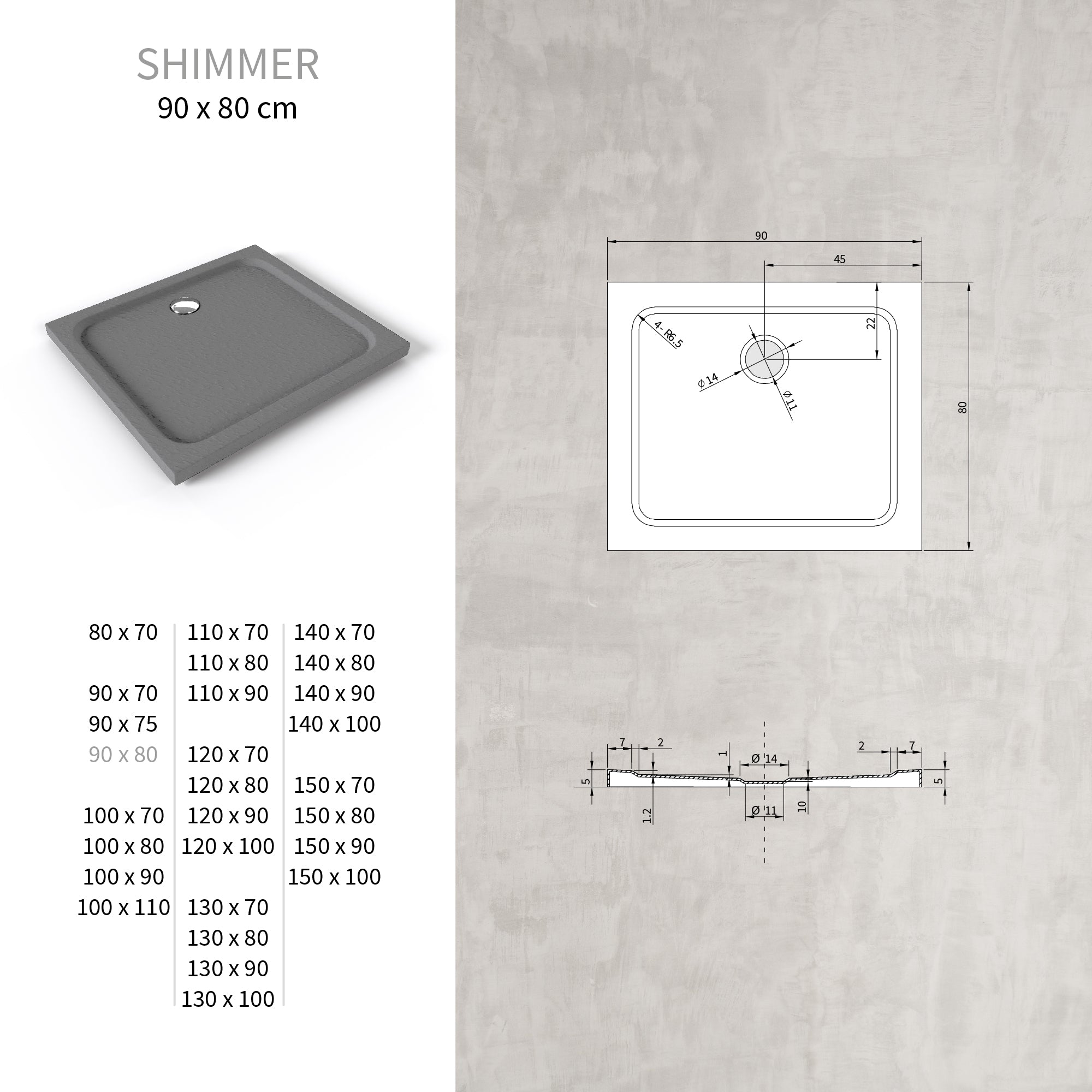 SHIMMER - Base de duche acrílica efeito pedra extraplana com acabamento cinzento e sifão incluído