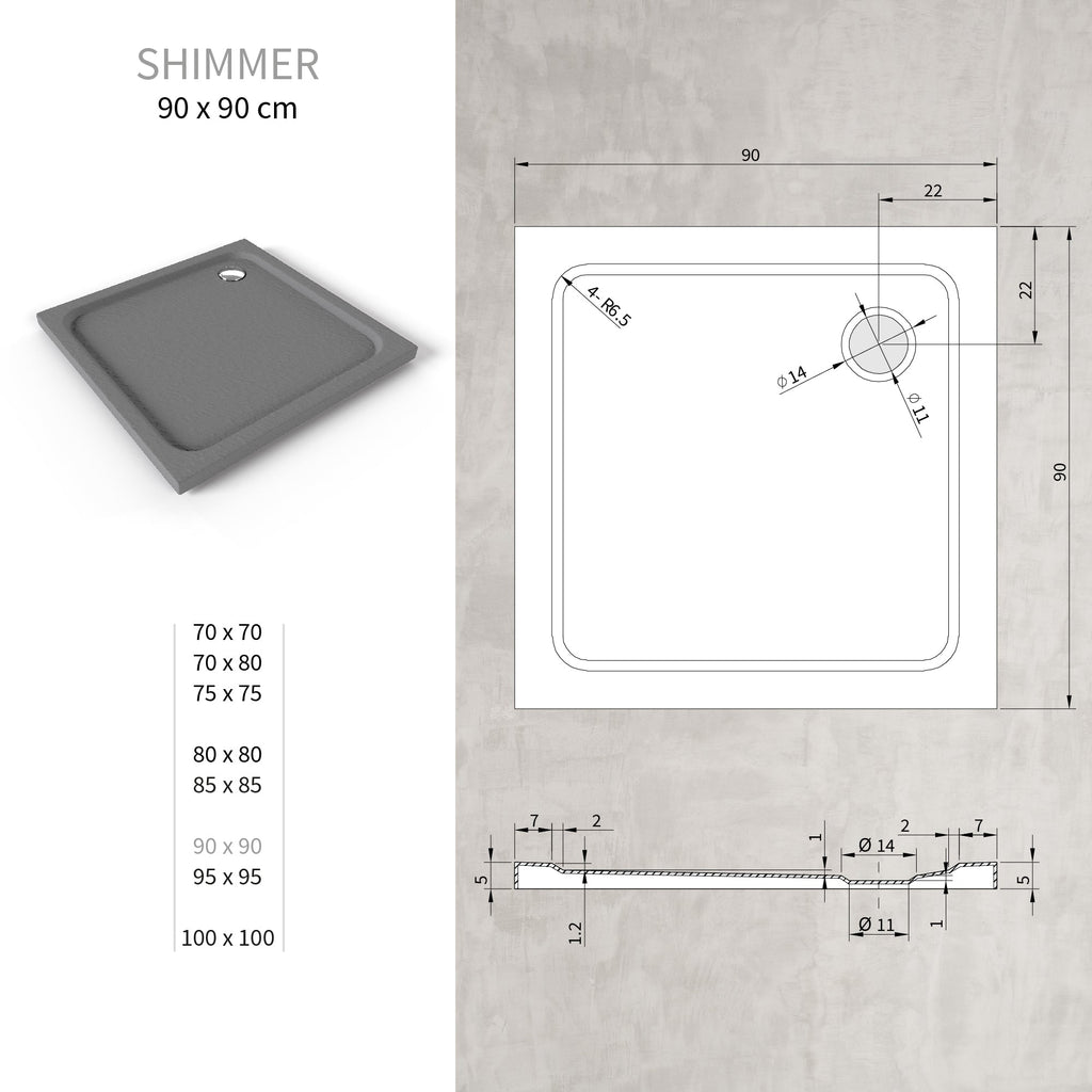 SHIMMER - Plato de ducha acrílico efecto piedra extraplano con acabado gris y sifón incluido