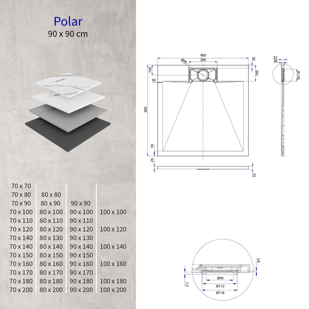POLAR - Base de duche antiderrapante com acabamento preto e sifão incluído
