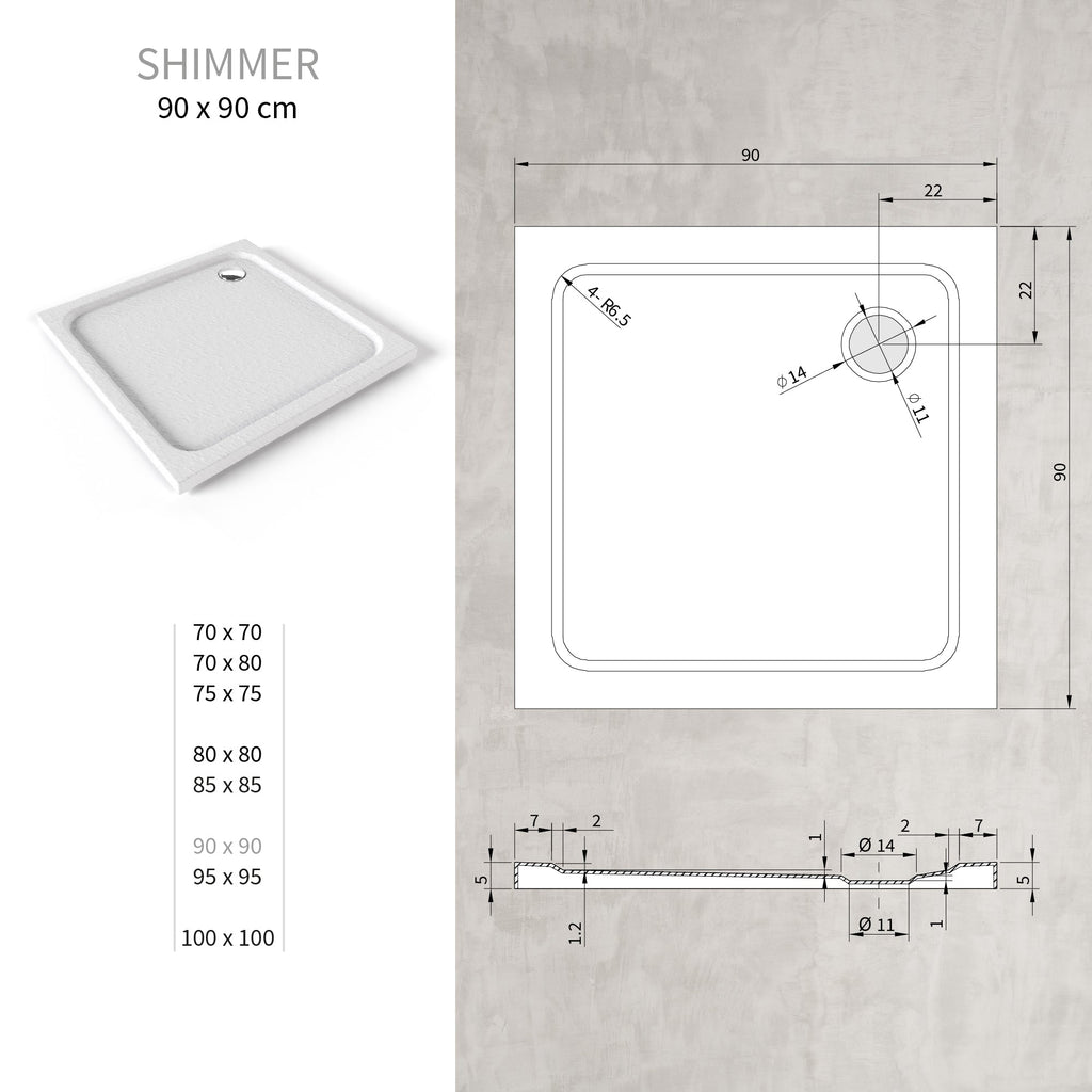 SHIMMER - Base de duche acrílica efeito pedra extraplana com acabamento branco e sifão incluído