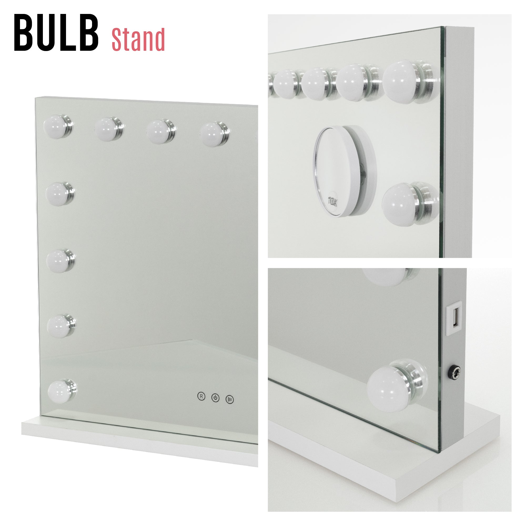 BULB STAND - Espejo de maquillaje con iluminación LED y base de apoyo estable