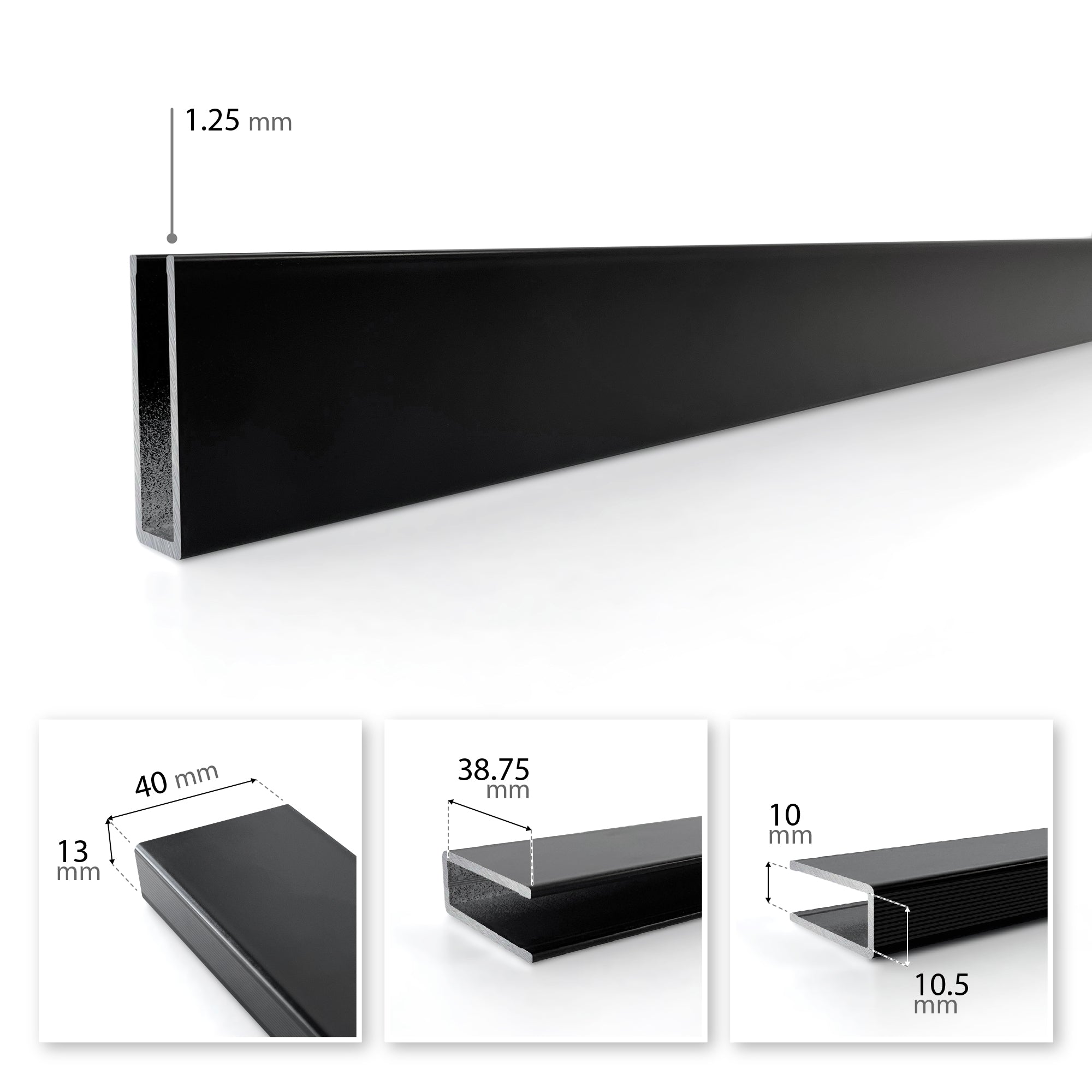 Perfil de parede em alumínio preto para painel de duche Walk-In 8 ou 10 mm
