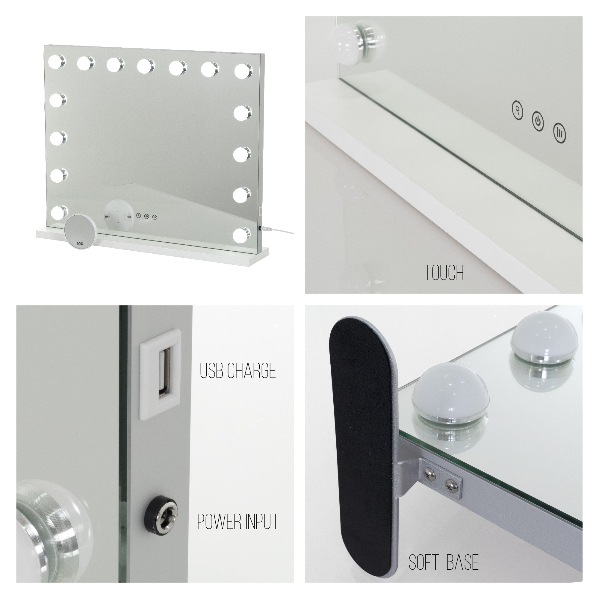 BULB STAND - Espejo de maquillaje con iluminación LED y base de apoyo estable