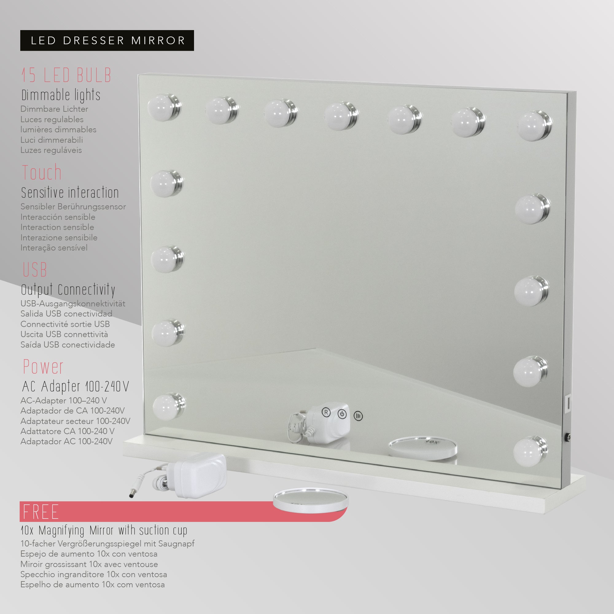 BULB STAND - Espejo de maquillaje con iluminación LED y base de apoyo estable