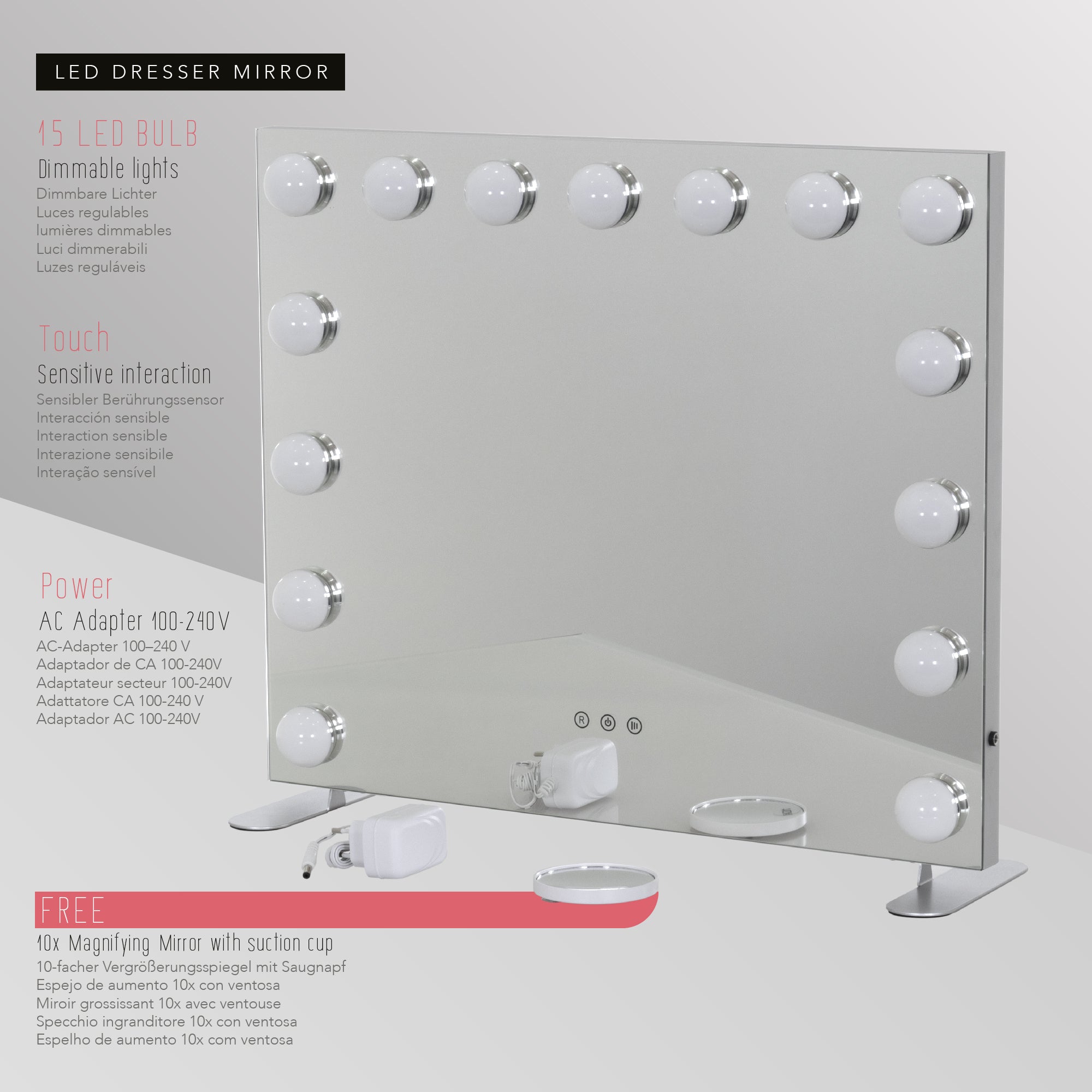 BULB PROP - Espejo de maquillaje con iluminación LED y soporte ajustable