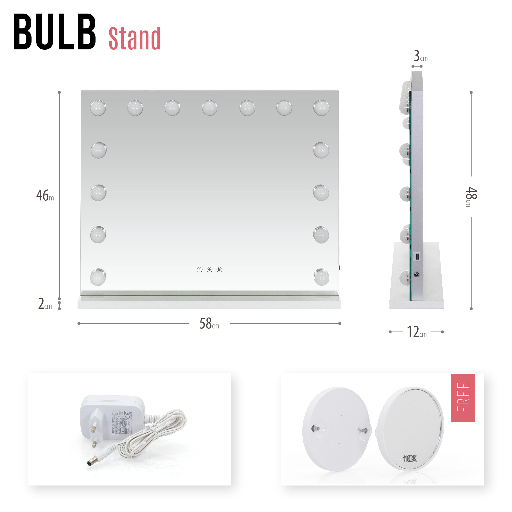 BULB STAND - Specchio da trucco con illuminazione LED e base d'appoggio stabile