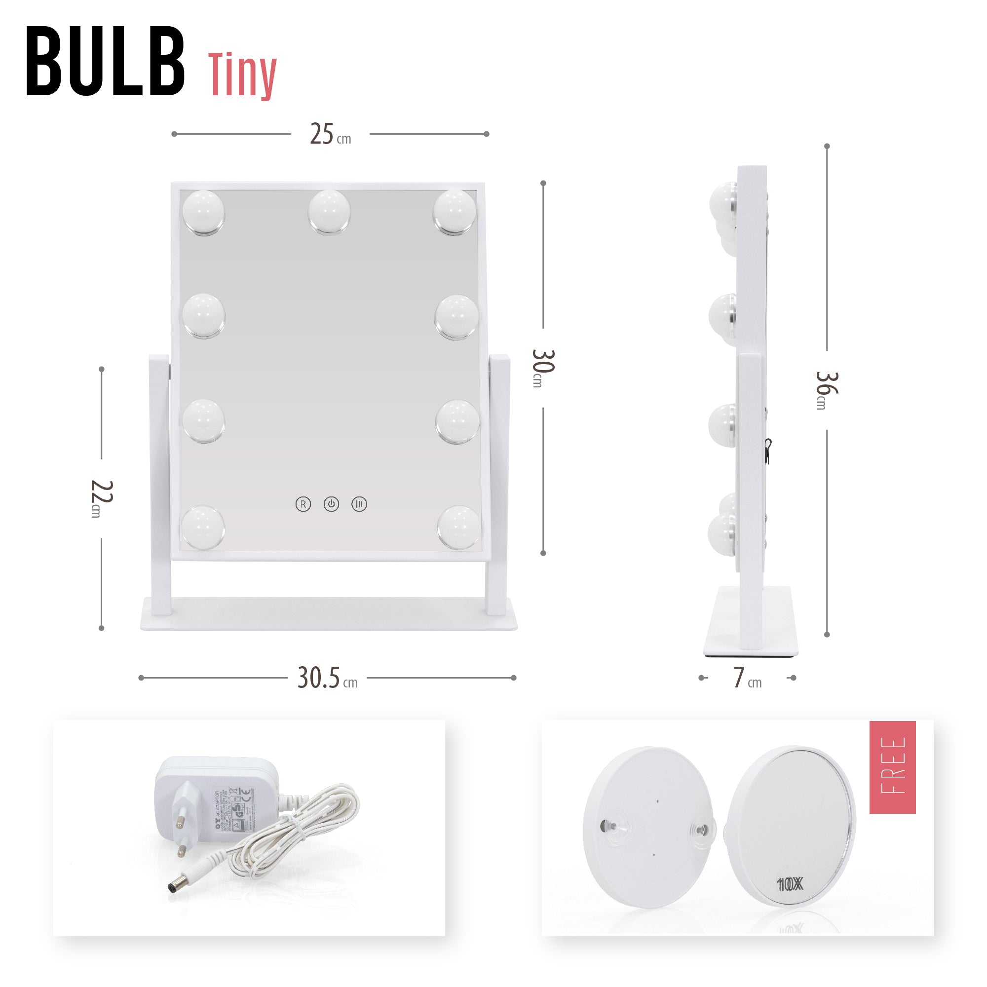 BULB TINY - Espelho de maquilhagem compacto com iluminação LED para uso diário