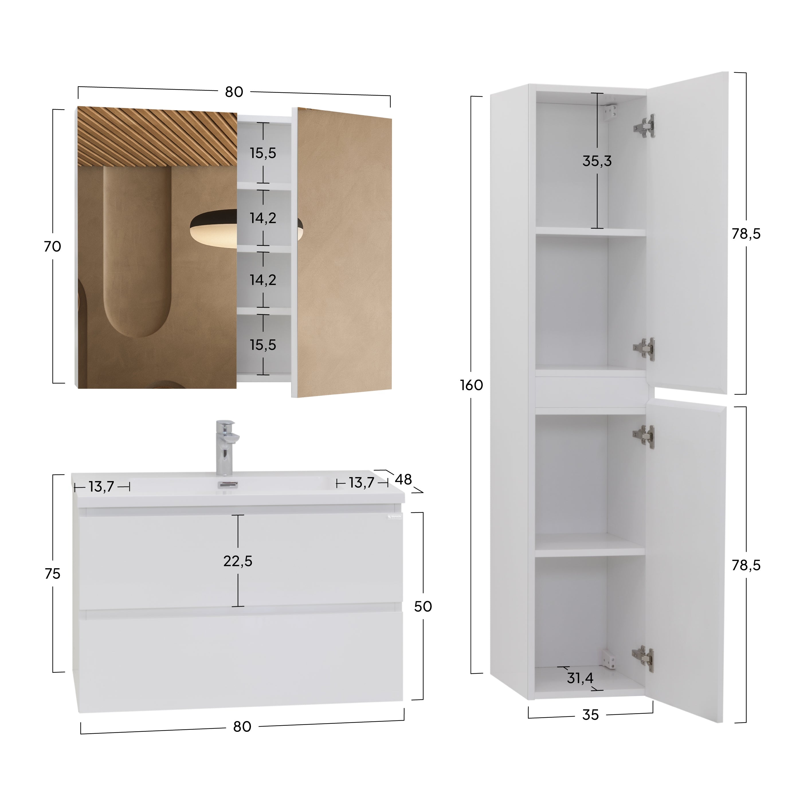 ATENA - Conjunto de casa de banho suspenso com várias dimensões e acabamentos