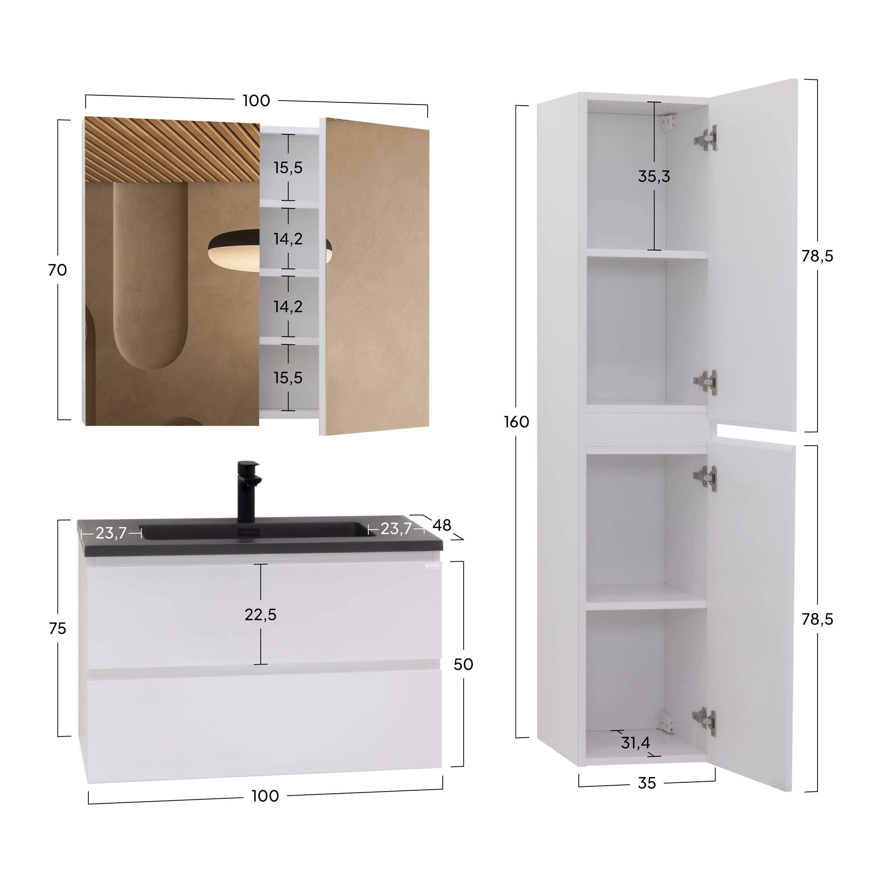 ATENA - Conjunto de casa de banho suspenso com várias dimensões e acabamentos