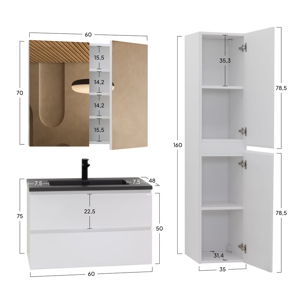 ATENA - Conjunto de casa de banho suspenso com várias dimensões e acabamentos