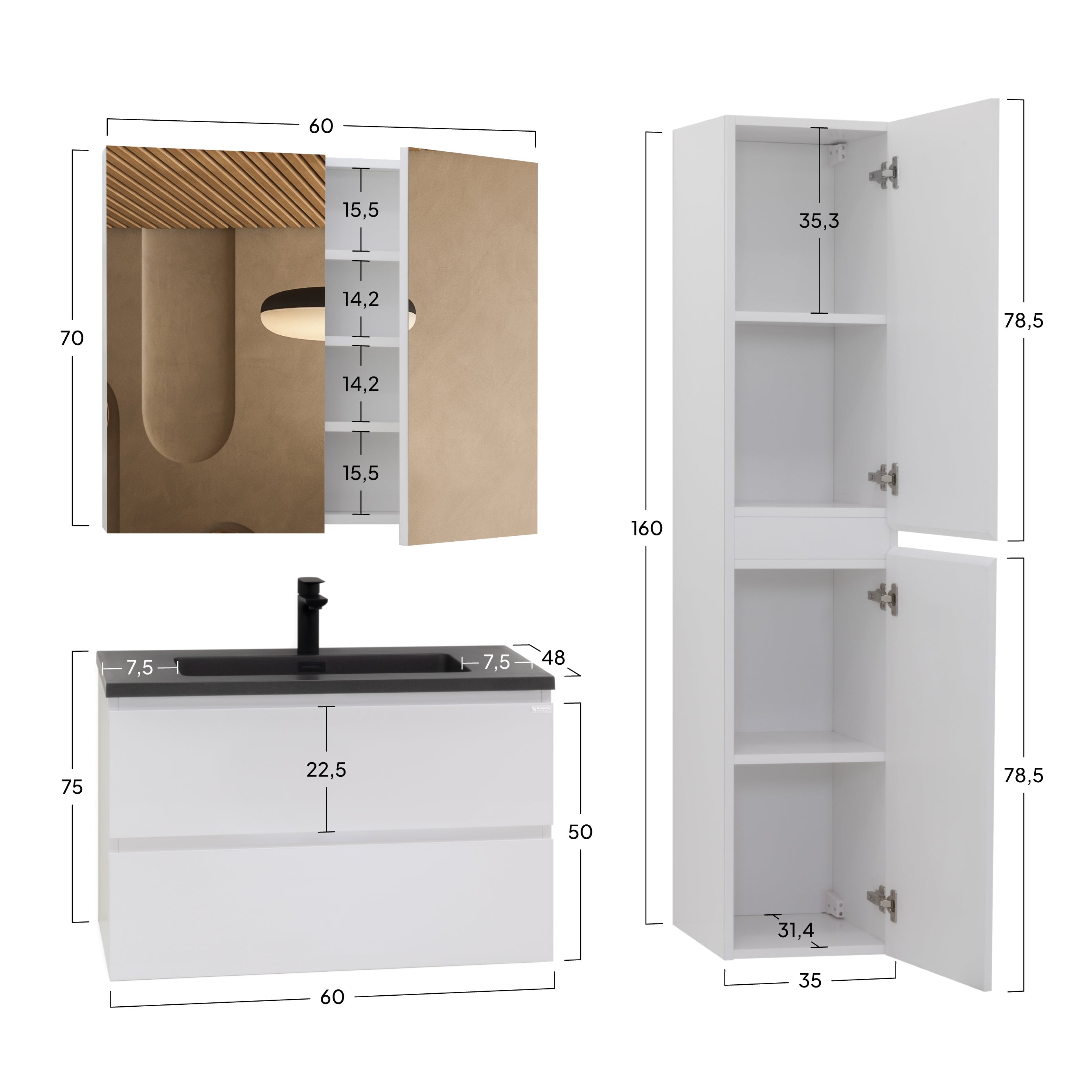 ATENA - Conjunto de casa de banho suspenso com várias dimensões e acabamentos