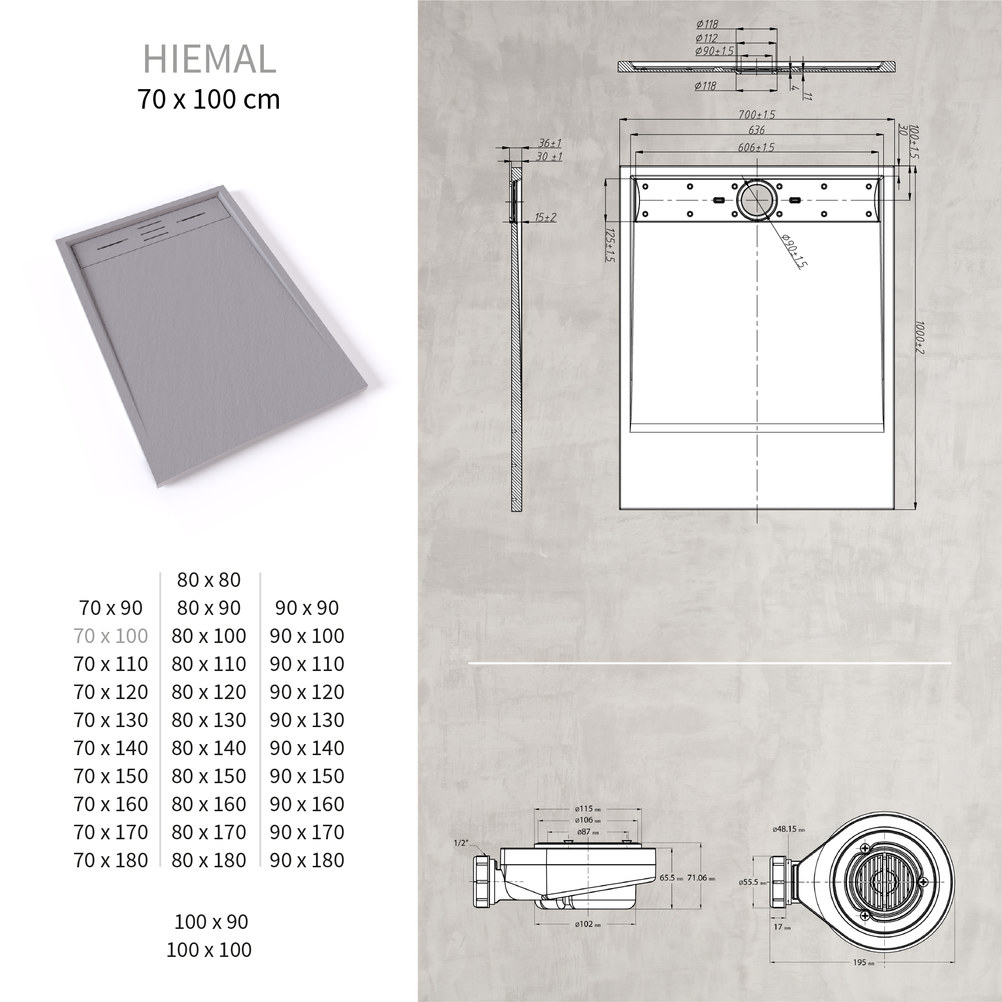 HIEMAL - Base de duche antiderrapante com acabamento cinzento e sifão incluído