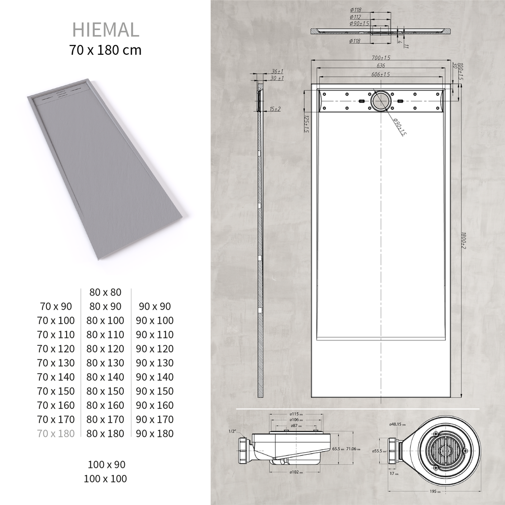 HIEMAL - Piatto doccia antiscivolo finitura grigia con sifone incluso