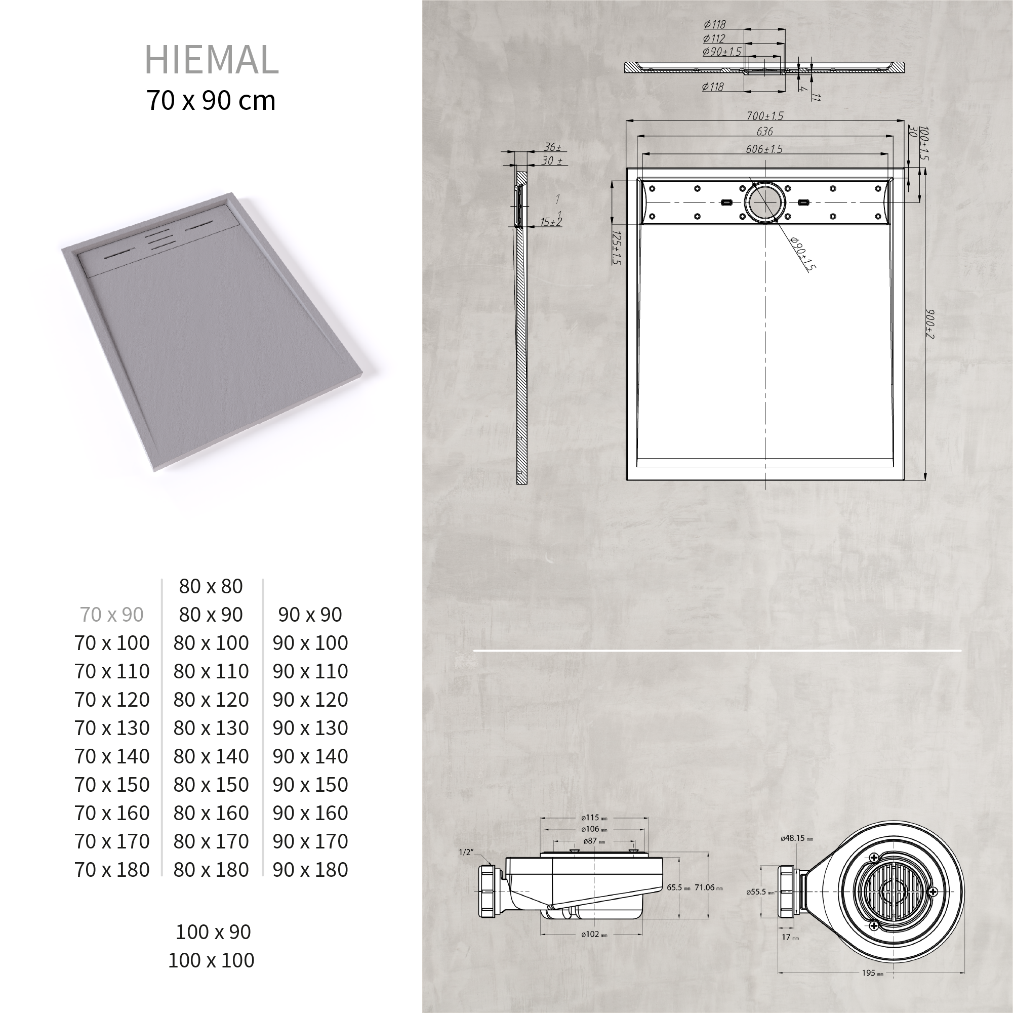 HIEMAL - Base de duche antiderrapante com acabamento cinzento e sifão incluído
