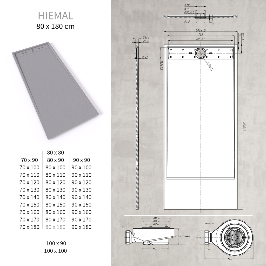 HIEMAL - Piatto doccia antiscivolo finitura grigia con sifone incluso