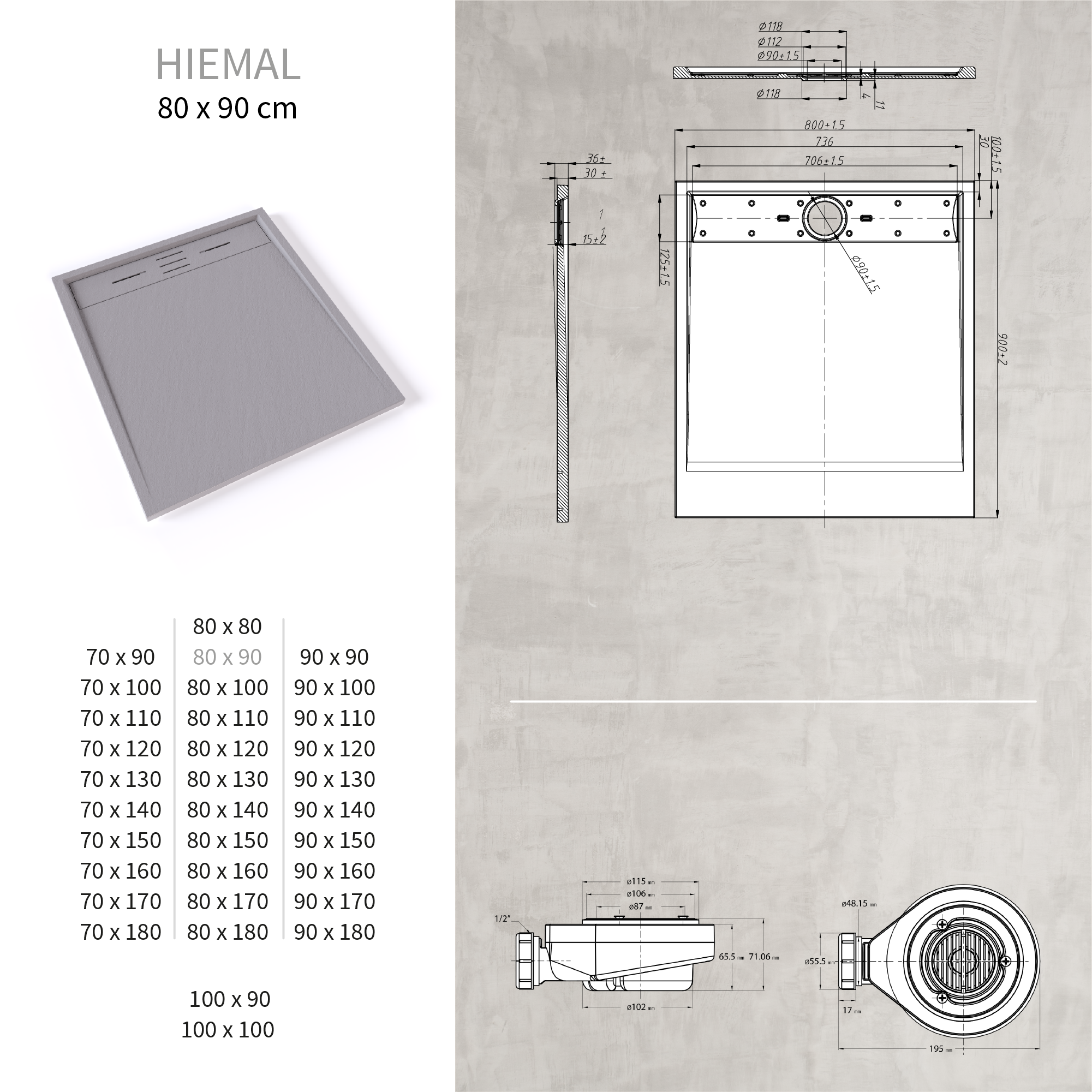 HIEMAL - Piatto doccia antiscivolo finitura grigia con sifone incluso
