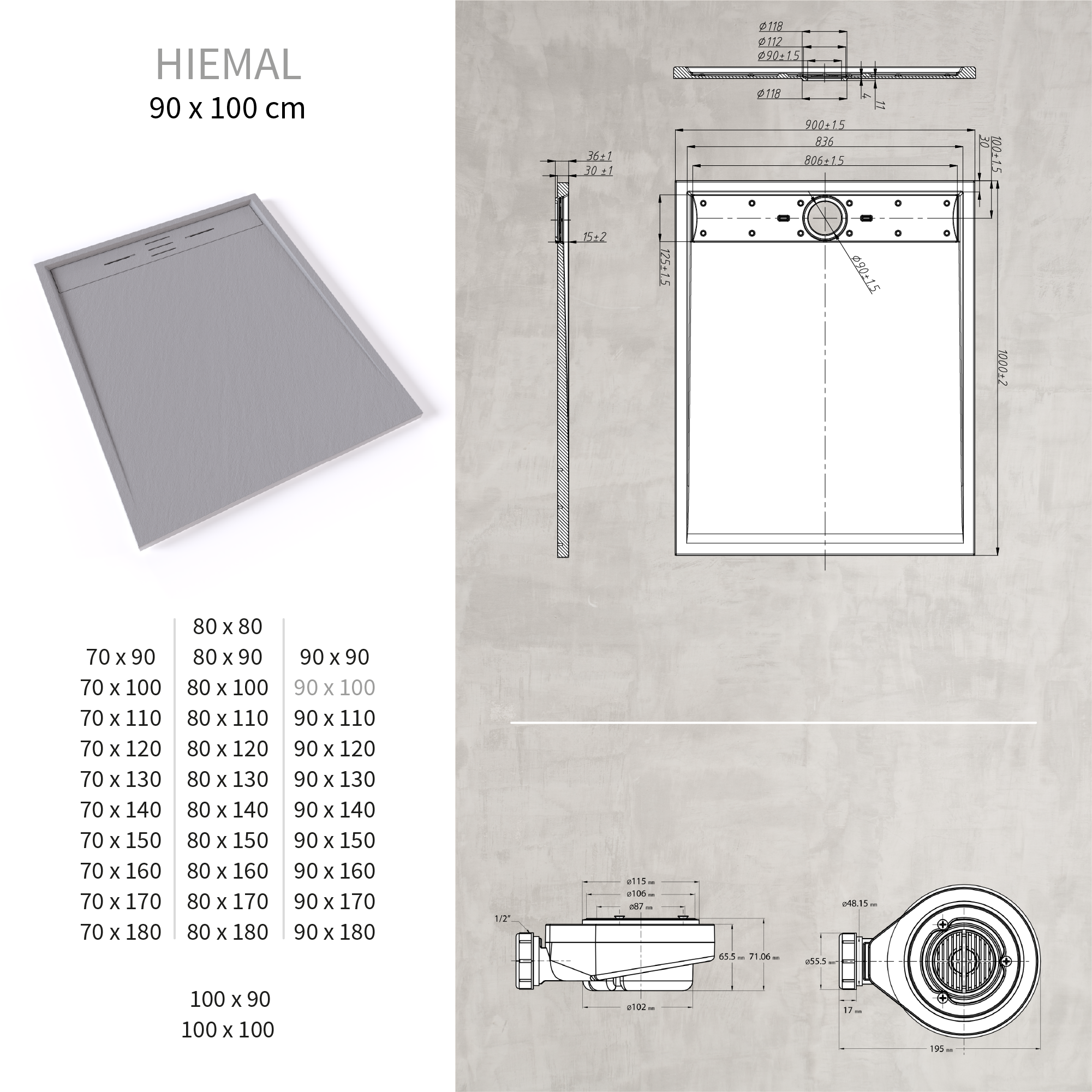 HIEMAL - Piatto doccia antiscivolo finitura grigia con sifone incluso