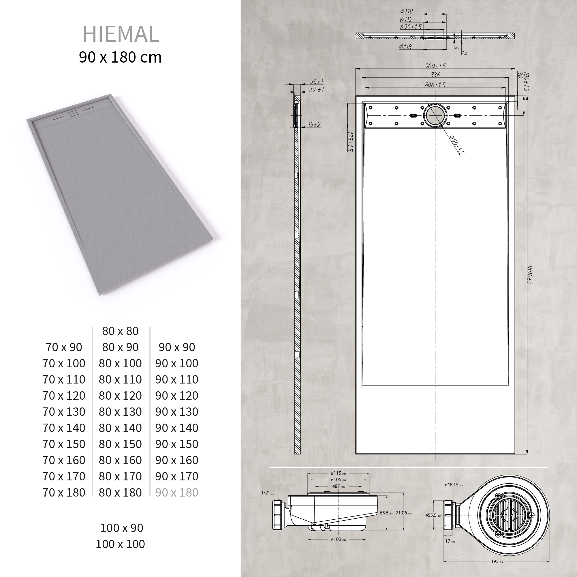 HIEMAL - Piatto doccia antiscivolo finitura grigia con sifone incluso