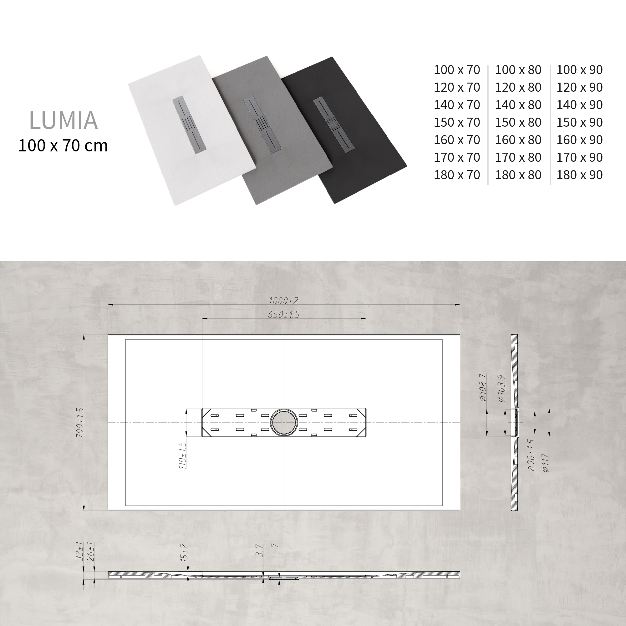 LUMIA - Base de duche antiderrapante com acabamento preto e grelha inox incluída