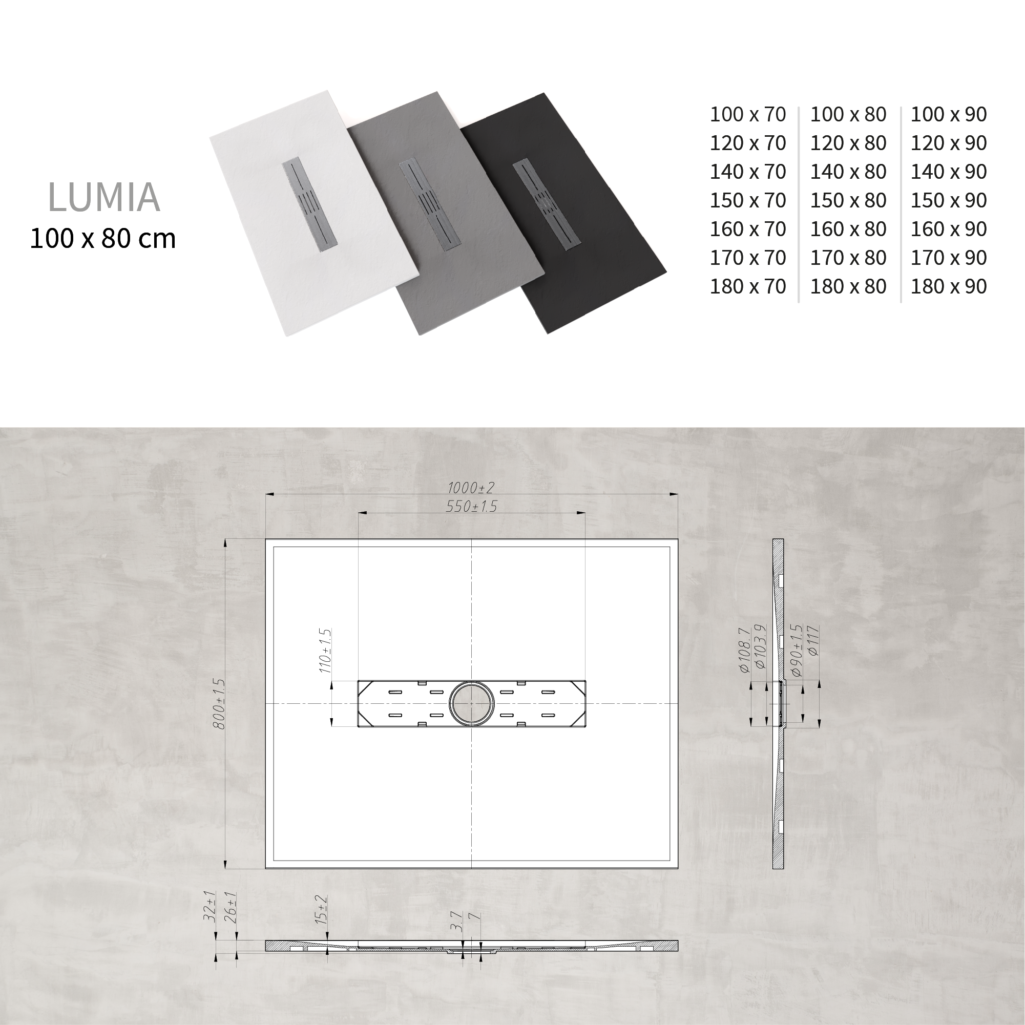 LUMIA - Base de duche antiderrapante com acabamento branco e grelha inox incluída