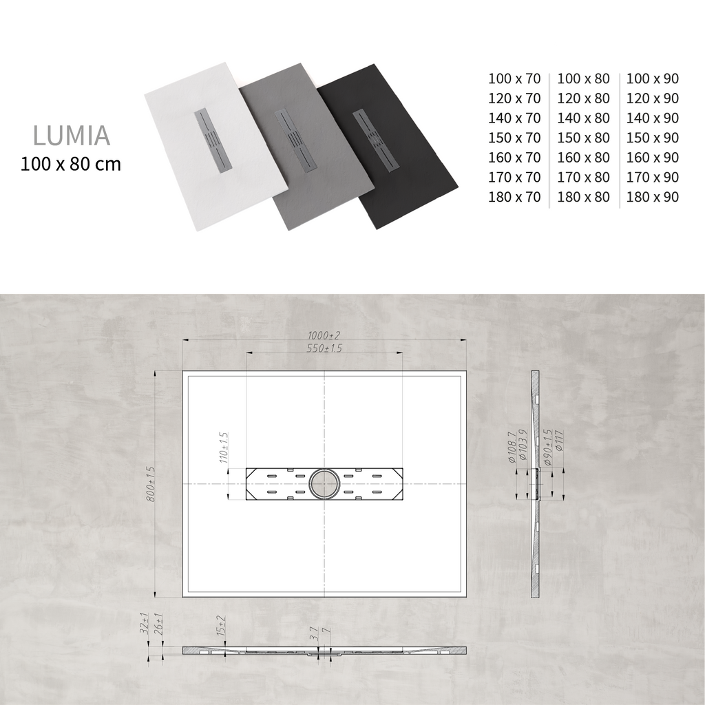 LUMIA - Base de duche antiderrapante com acabamento cinzento e grelha inox incluída