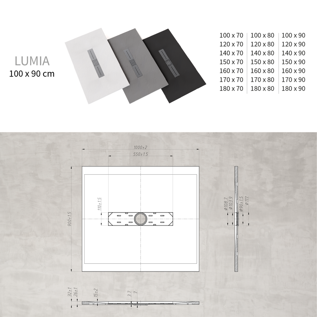 LUMIA - Base de duche antiderrapante com acabamento cinzento e grelha inox incluída