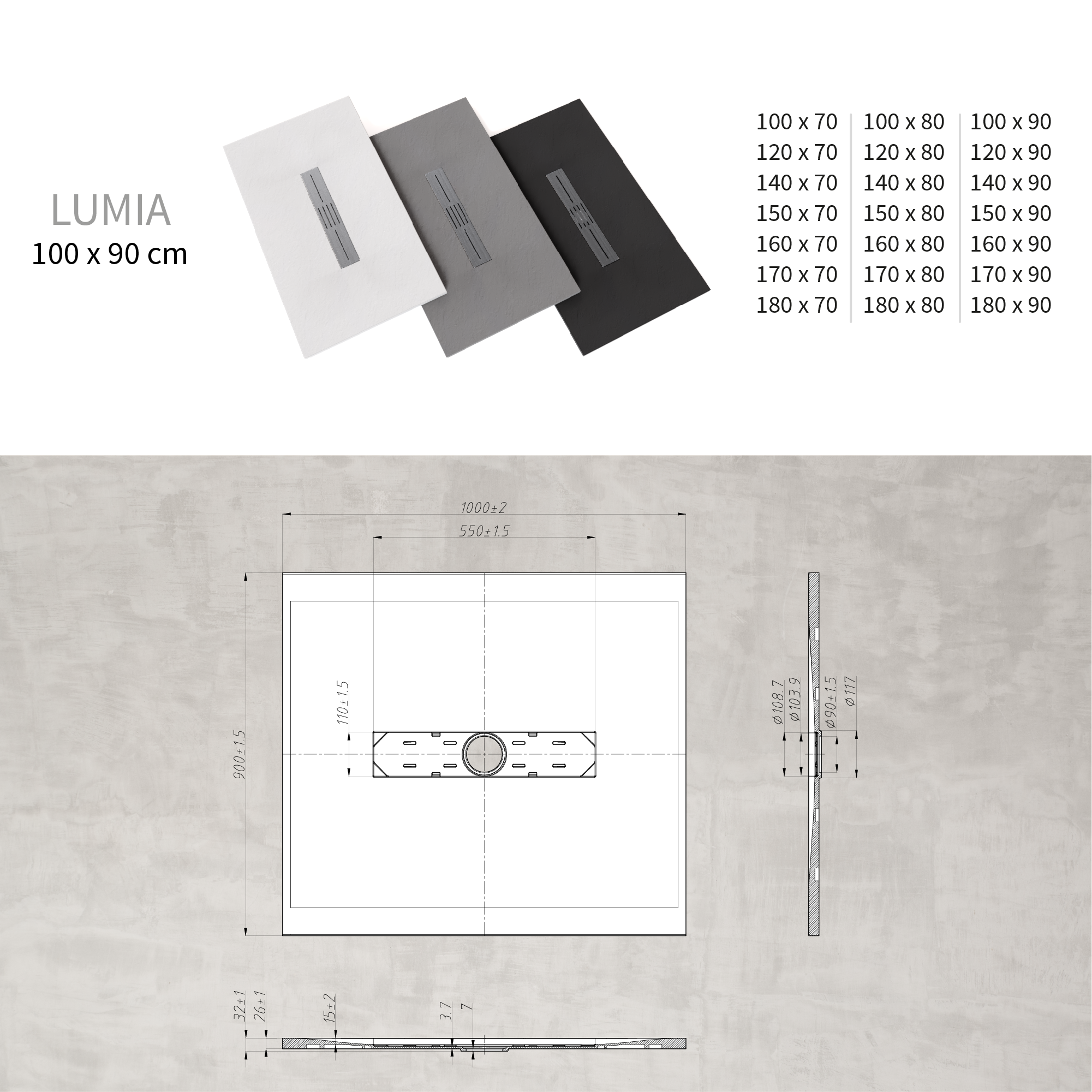 LUMIA - Base de duche antiderrapante com acabamento branco e grelha inox incluída