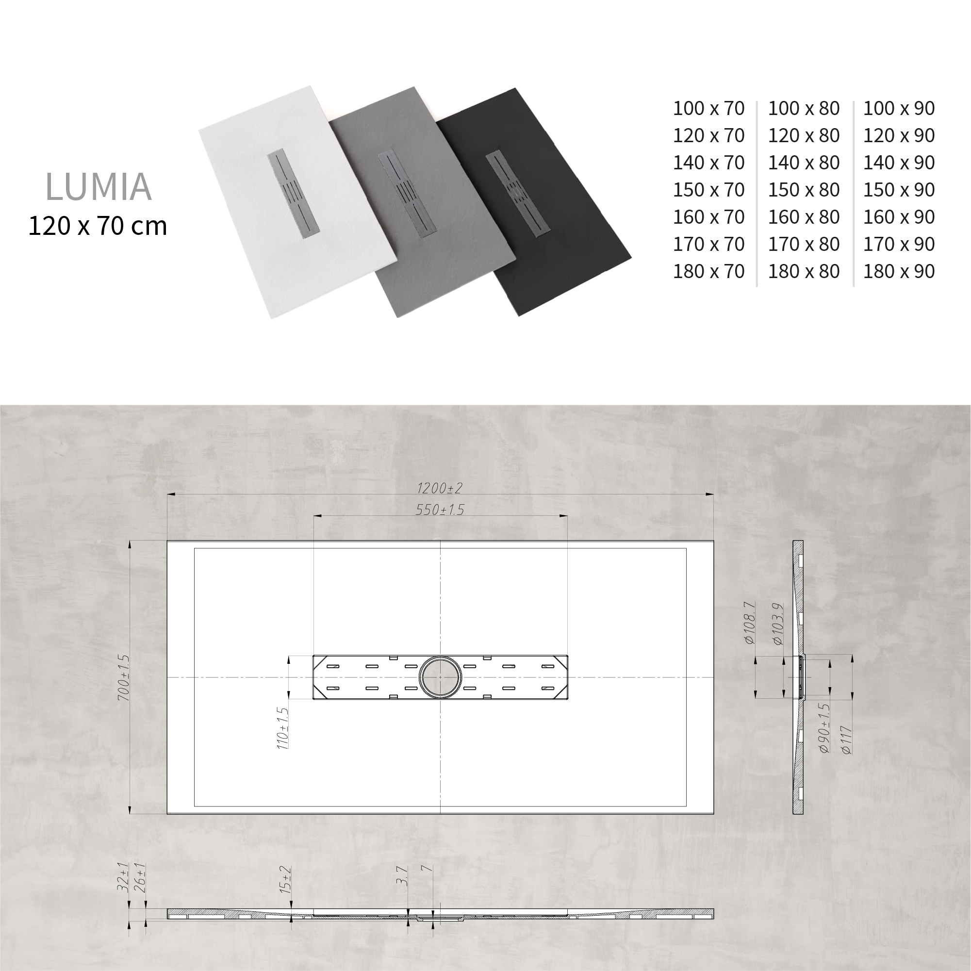 LUMIA - Base de duche antiderrapante com acabamento preto e grelha inox incluída