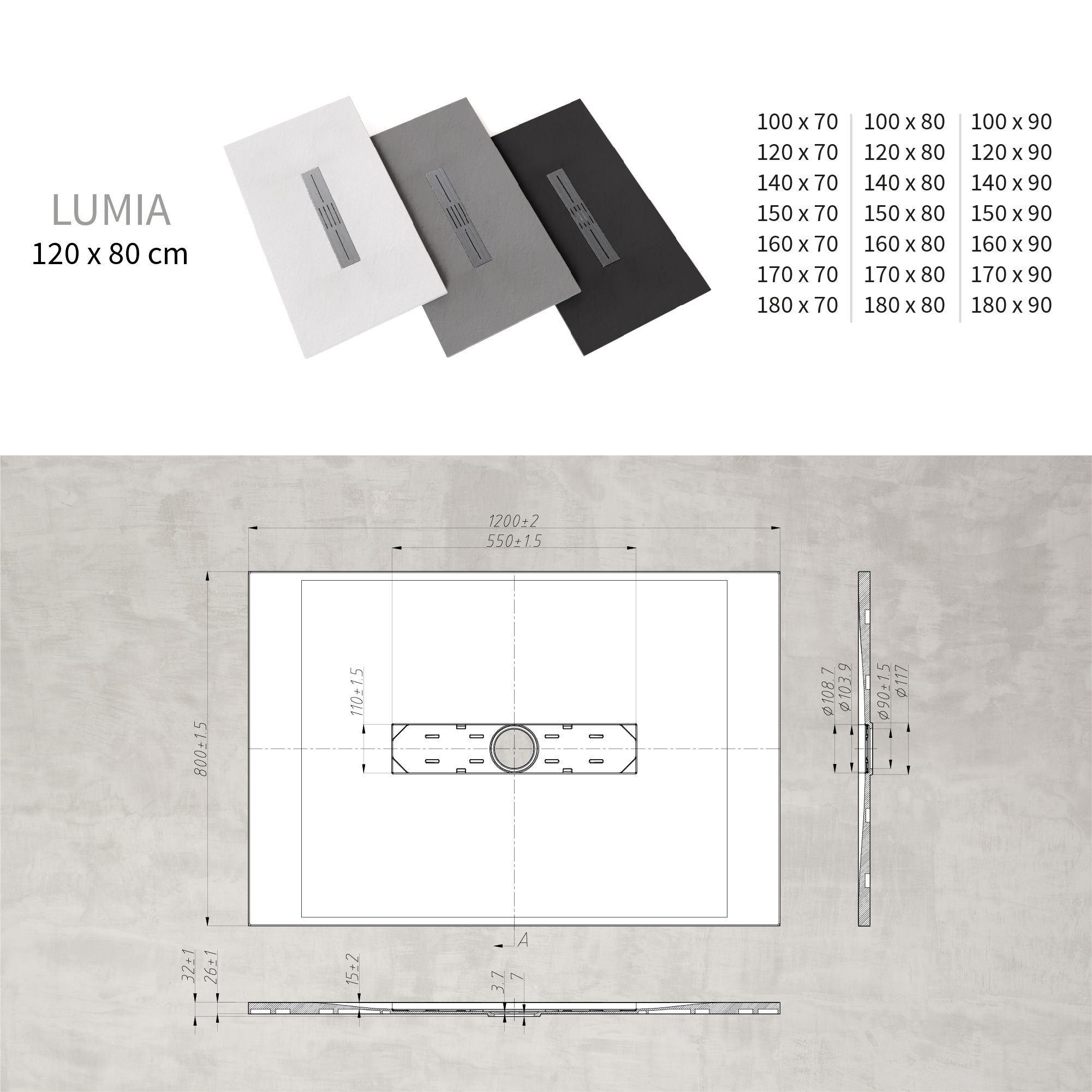 LUMIA - Base de duche antiderrapante com acabamento cinzento e grelha inox incluída