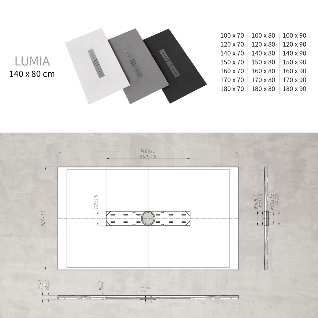 LUMIA - Base de duche antiderrapante com acabamento branco e grelha inox incluída