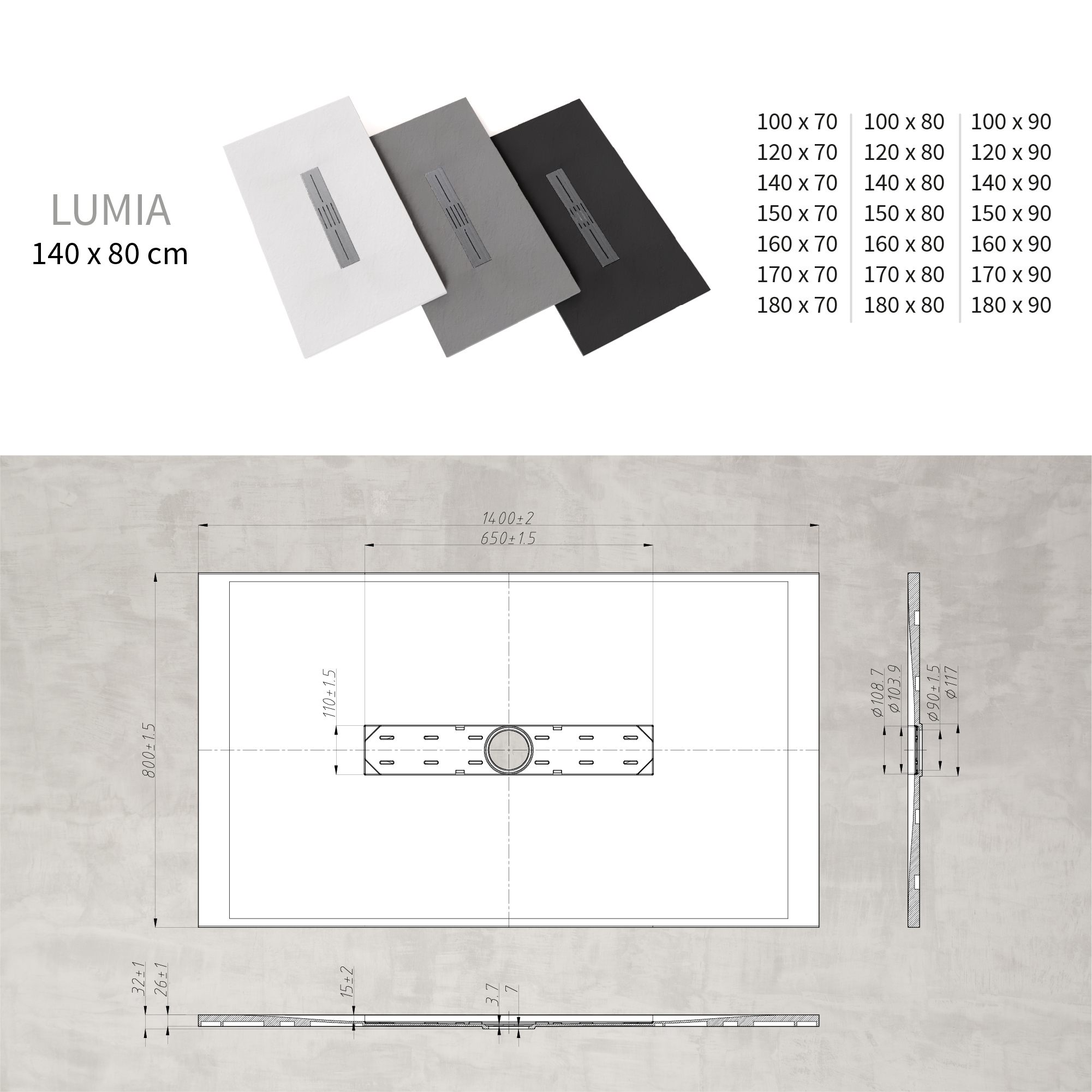 LUMIA - Base de duche antiderrapante com acabamento branco e grelha inox incluída